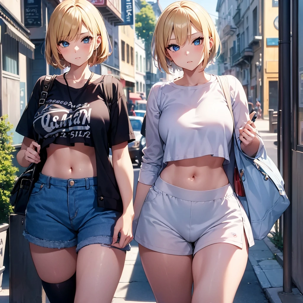 2D Anime Style、Blue eyes、Beautiful eyes, (Talented lo-fi:1.3)breasts are slightly larger、A cool adult woman with short blonde hair and a cool expression,Walking around town in fashion that shows your stomach,The streets are European