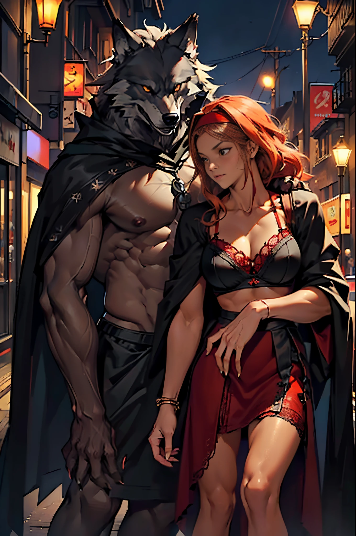 Depiction of a powerful werewolf caressing the genitals of a blonde girl，(((black humanoid wolf)))，(((Black furry humanoid wolf)))，(((beautiful sexy girl)))，(((Girls wear：red head band, cloaks, Large bra, a skirt, red long skirt，laced dress)))，((Sexual suggestiveness))，Correct anatomy，Detailed faces, 詳細な目，(((the right proportions)))，The city at night，The lights came on，romantic love story，Warm pictures，warm color palette，(Anatomically correct limbs and physique:1.5), (Anatomically correct perspective and occlusion：1.5)，