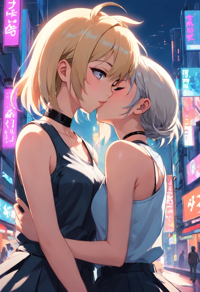 top-quality, Ultra High Resolution, (Kissing Girl) 2 cyberpunk girls, puss, Amor, Girlfriend, White Sleeveless Shirt, Black skirt, Black Choker, fluffy, (Kpop Idol), (aegyo sal:1), (platinum-blonde-hair:1), ((Swollen eyes)), Keep, Cyberpunk