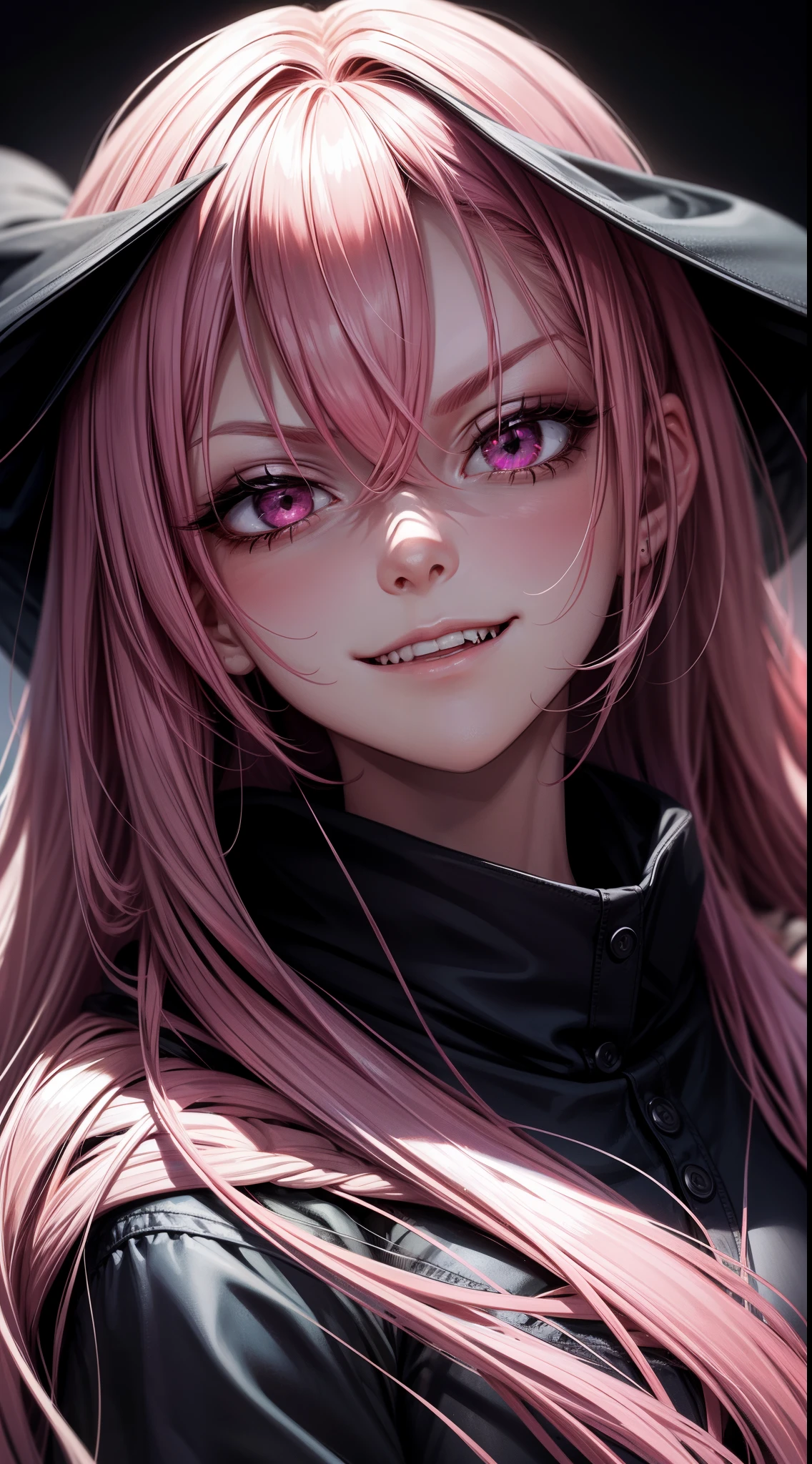 1girl, pink hair, long hair, hd quality, 4k, 8k,,eyes, face, , evil, dark, face closeup, face, evil smirk, fangs, black background, face close up. dominant, dark, sideways, sideview, hooded