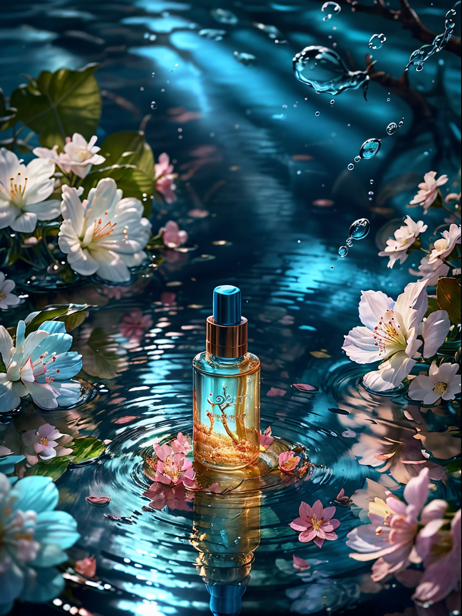 Super realistic scene, makeup bottle, surrounded by cherry blossom wrapped around, blue sky background, water, sunlight, low perspective, blender, product rendering, HD 8K