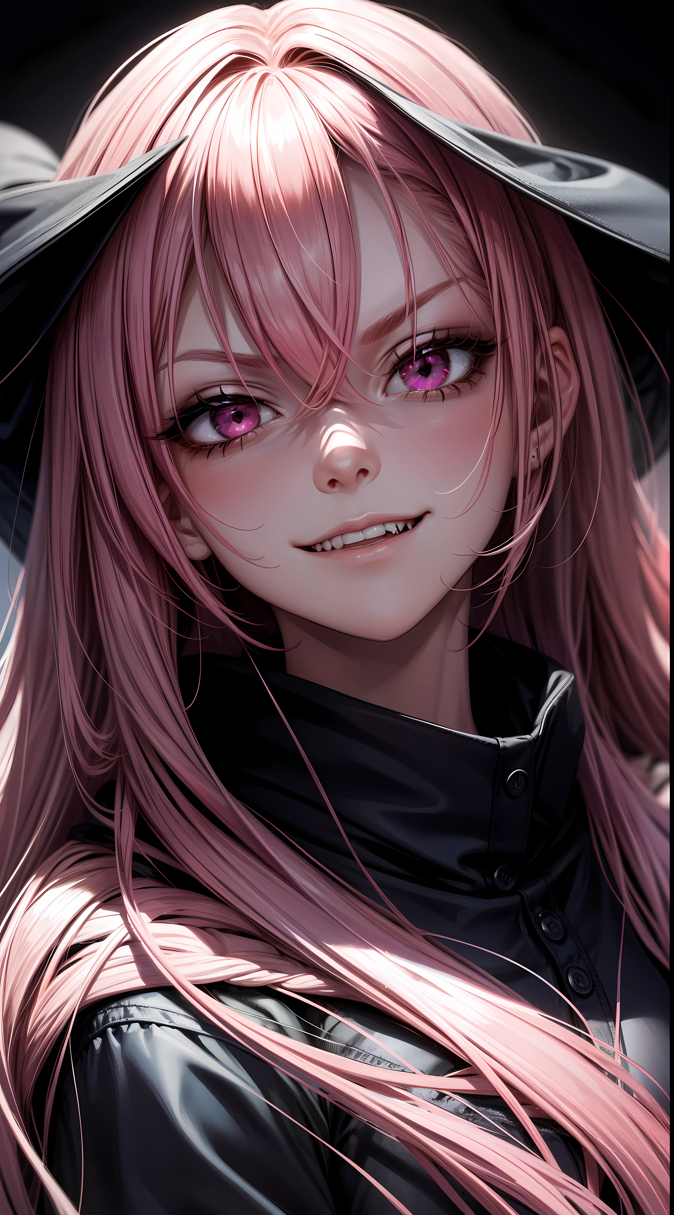 1girl, pink hair, long hair, hd quality, 4k, 8k,,eyes, face, , evil, dark, face closeup, face, evil smirk, fangs, black background, face close up. dominant, dark, sideways, sideview, hooded
