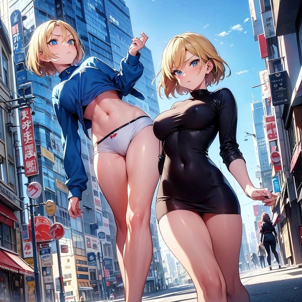 2D Anime Style、Blue eyes、Beautiful eyes, (Talented lo-fi:1.3)breasts are slightly larger、A cool adult woman with short blonde hair and an angry expression,Fashion that shows your stomach,long court,(long-sleeve),walking in city,(The cityscape is European-style)