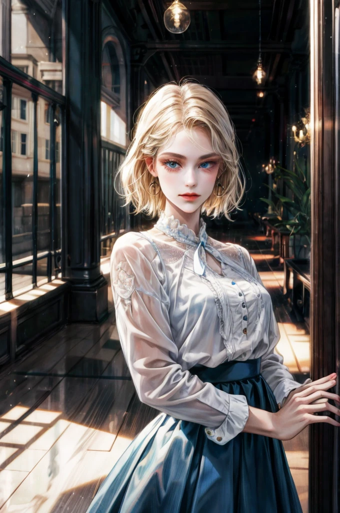 Girl with blonde hair and blue eyes, beautiful, thin ((white sheer blouse, no black mini skirt)), underwear bite, sexy pose, lower body slender, back figure, gaze by the window, buttocks sticking out, on all fours, buttocks facing this side, hair short bob woman, ((white sheer blouse, black mini skirt)), no bra, underwear bite, sexy pose, lower body slender, behind the woman there are windows indicating various buildings in the city (absurdity, high resolution, ultra-detail),
