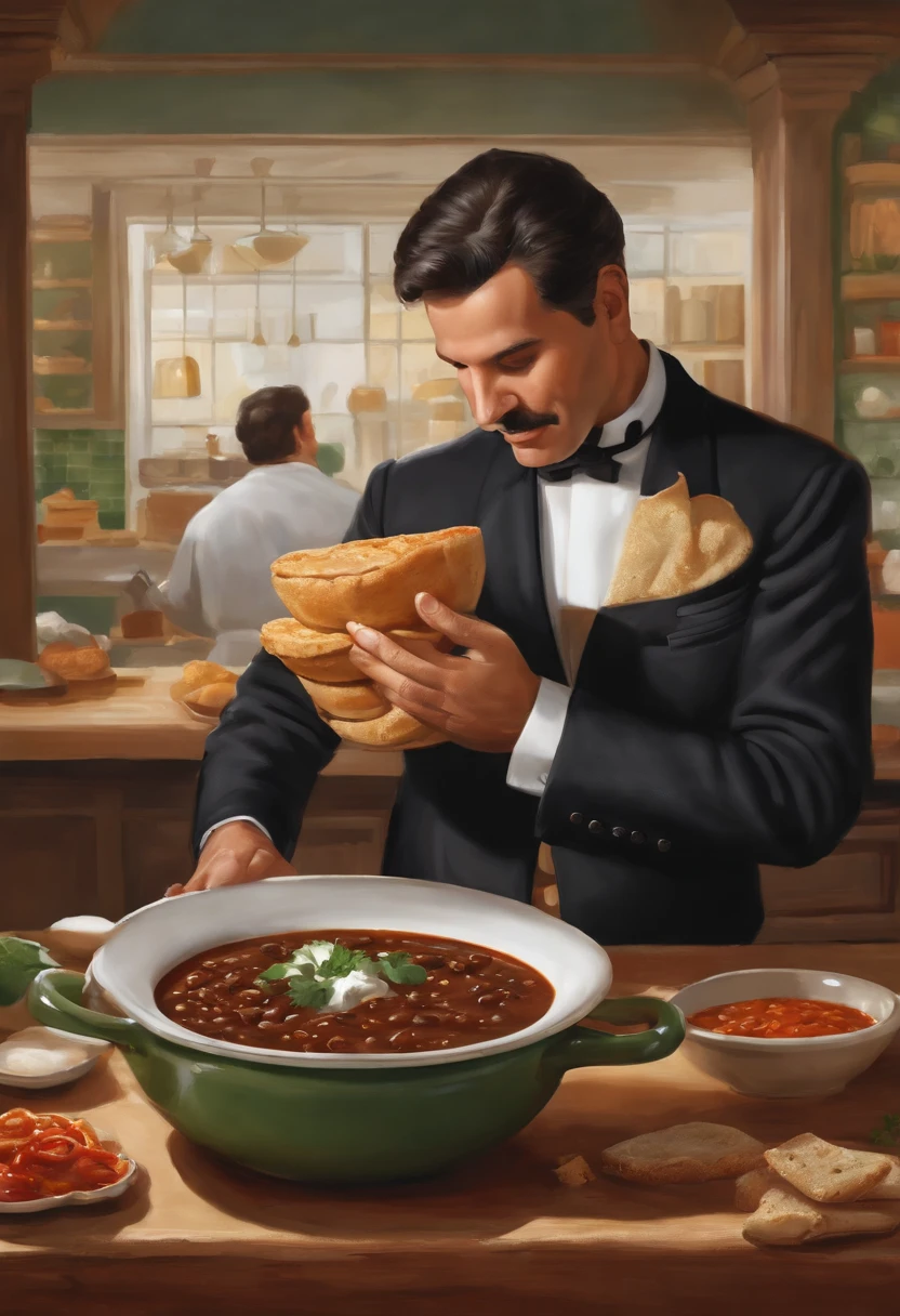 A perfectly arranged bowl of spicy black bean soup with a dollop of sour cream and a sprinkle of fresh cilantro,Seinfeld TV show,The Soup Nazi’s appearance is that of a typical chef with a white chef’s uniform, but his intense, intimidating demeanor sets him apart. He strictly enforces a set of rules at his soup stand, such as ordering customers to line up in an orderly fashion, speak only when spoken to, place their order quickly, and move to the left immediately after ordering.