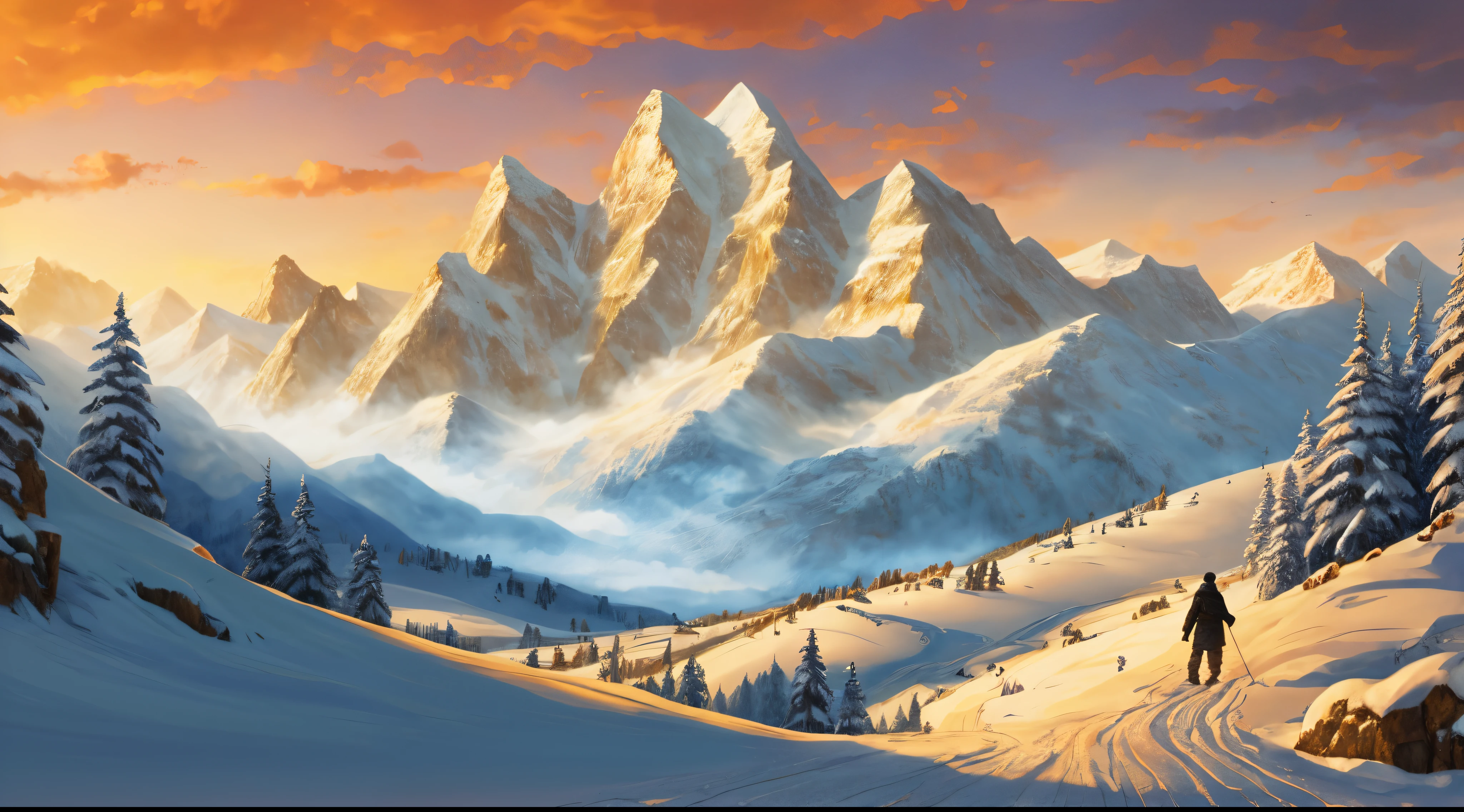 Mountains with snow and a man walking on the path, 4k high definition wallpaper illustration, 4 k hd illustrative wallpaper, 4k highly detailed digital art, Snow-capped mountain scenery, Concept art wallpaper 4K, Beautiful Art Ultra HD 4K, Mountains on the background, 4k detailed digital art, Wallpaper 4k, Wallpaper 4k, very detailed illustration