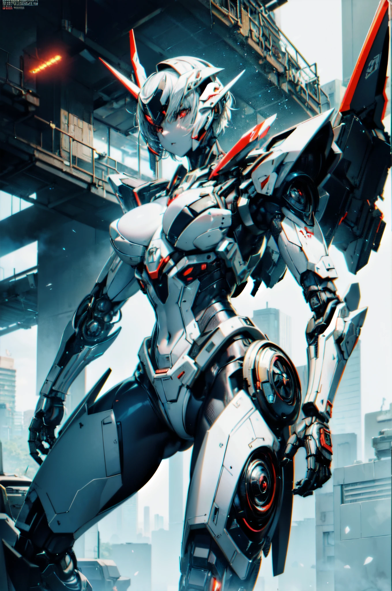 Extraordinary beautiful girl, fuselage, mechanical naked robot, mecha girl, White hair, Short hair details, (red eyes:1.3), Inorganic skin, science fantasy,intermittently, (Exoskeleton suit), (Perfect Finger, 4fingers and 1thumbs), (There are thick armors on the limbs:1.5), (Lop, navel, absolutely_good memory), intermittently, cowboys_shooting, Side focus, open stance, (Cybertech punk mask:1.2), There are huge thrusters on the waist, Side breasts, full bloom, ultra detailed concept art, The content is very detailed, hawken, sci-fi battlefield, tmasterpiece, Best quality, Capture super cute moments, depth of fields, ultra - detailed, 超高分辨率, c4d, octadale, 3D modeling, 8K, 16k,