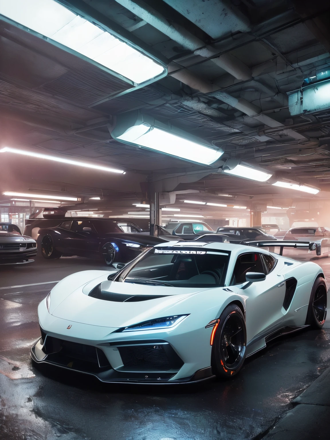 ((​masterpiece、top-quality、realisitic、ultra-detailliert、hight resolution、Photorealsitic、foco nítido、photographrealistic、Raw photography、lighting like a movie))、car park、((Futuristic Cyberpunk Hot Rod))、(With glowing tires)、3/4Front view、Cool car