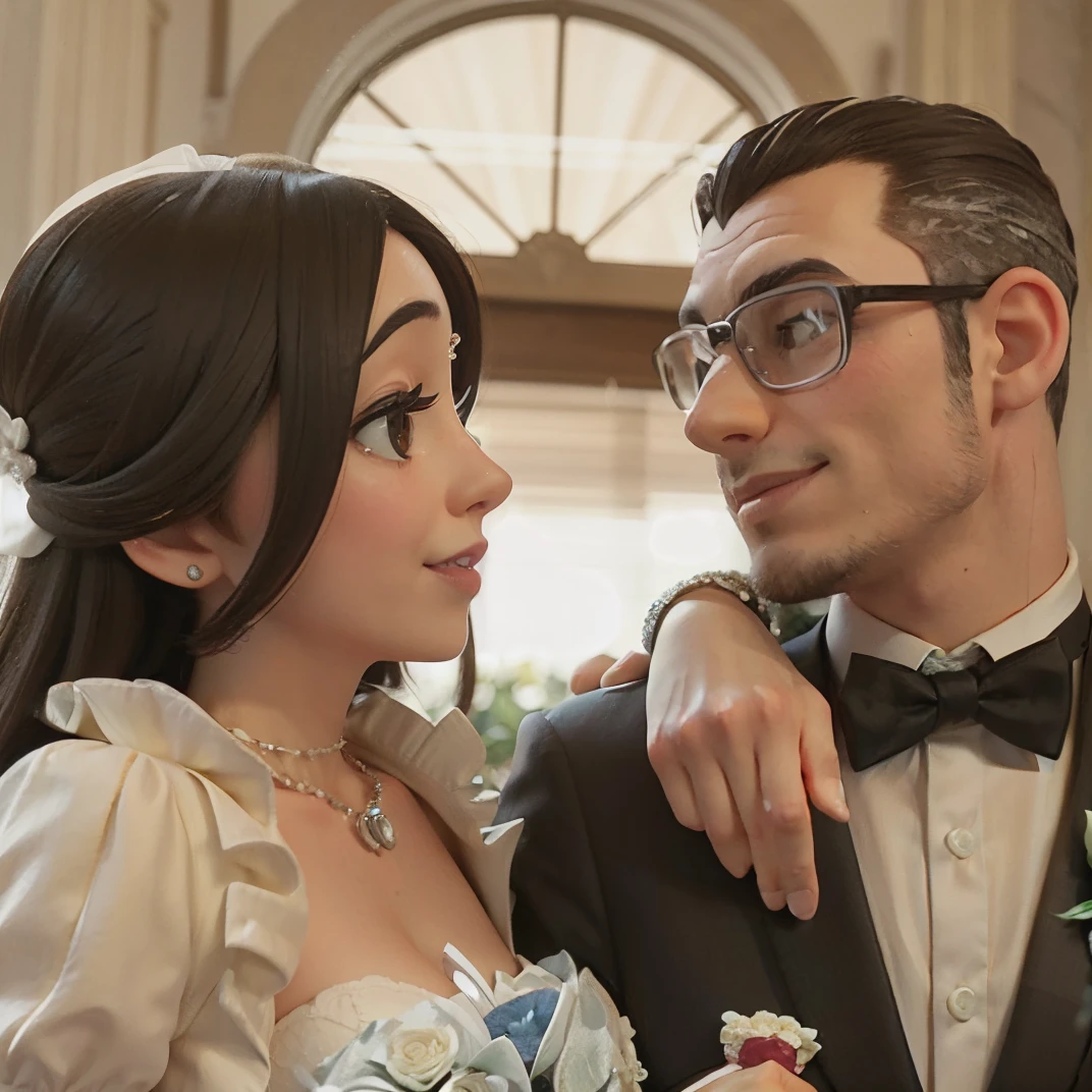 there is a man and woman that are posing for a picture, wedding photo, profile image, profile picture, photo from the side, happy couple, bride and groom, photo from the back, profile shot, woman wears sweetheart necklace wedding dress, man wears black suit and bow tie