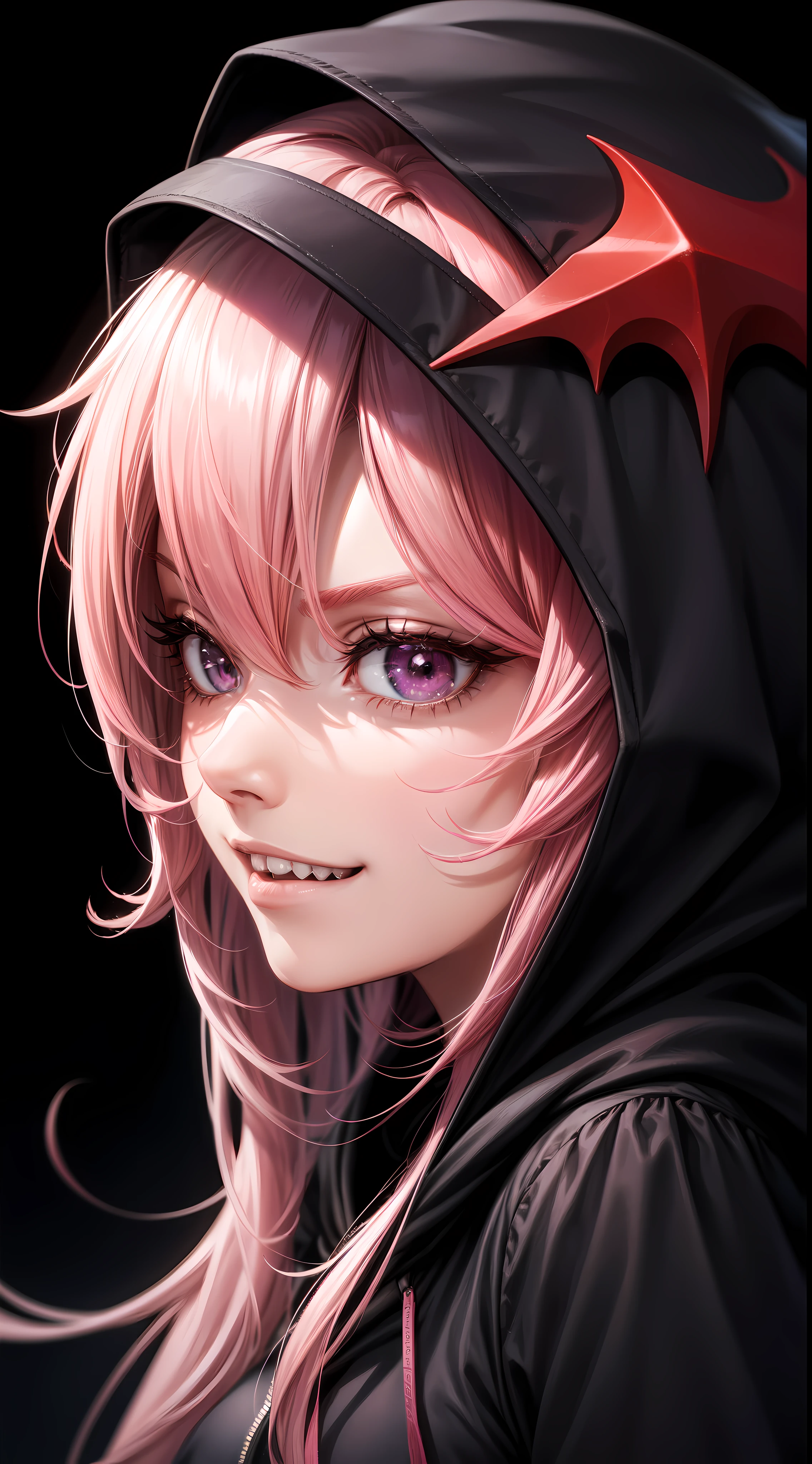 1girl, pink hair, long hair, hd quality, 4k, 8k,,eyes, face, , evil, dark, face closeup, face, evil smirk, fangs, black background, face close up. dominant, dark, sideways, sideview, hooded