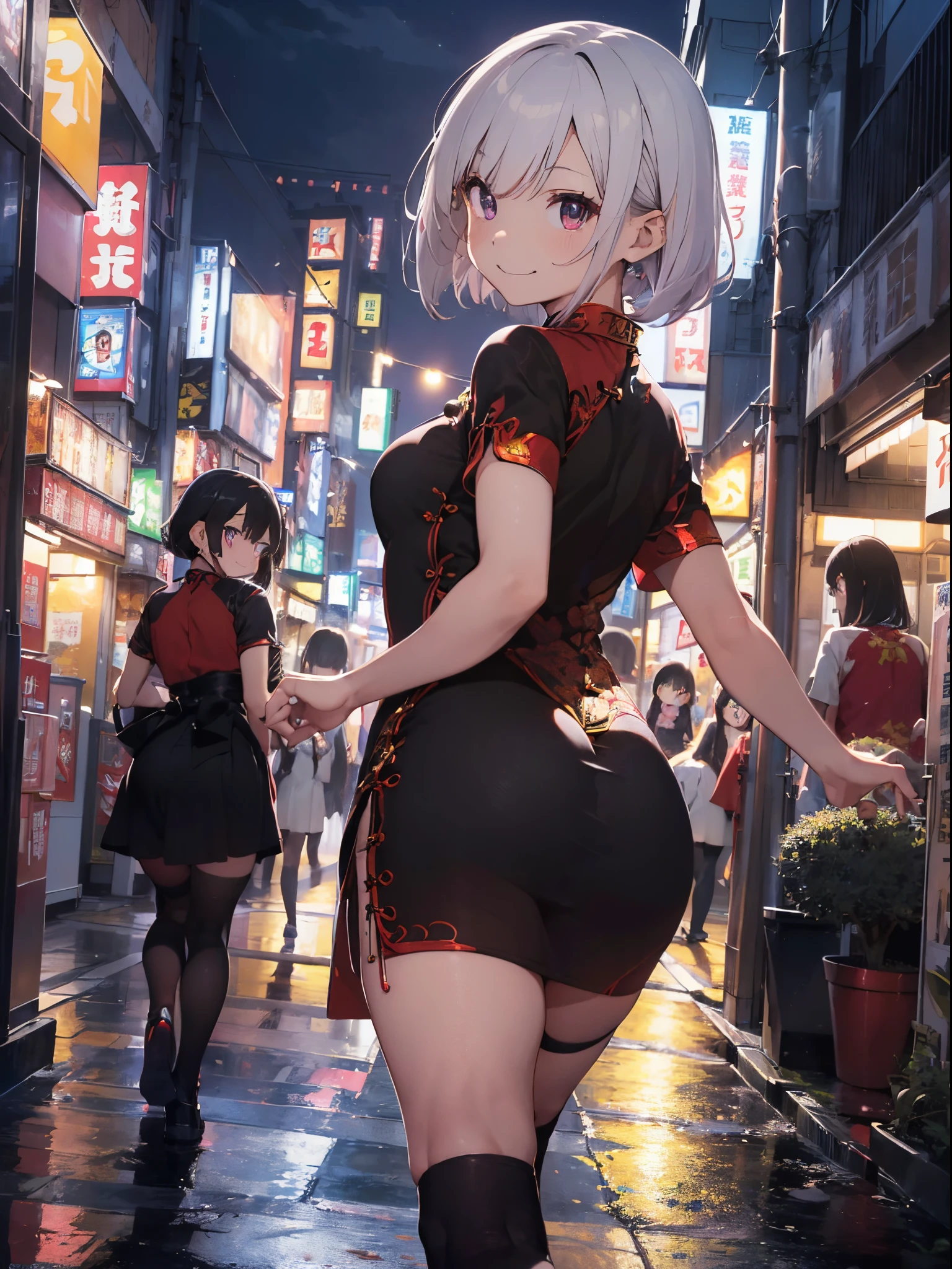 top-quality、masterpiece、Beautiful cheongsam、(((dance)))、Black knee-high socks、(((Red and black cheongsam)))、white hair、side bob hair、Long sideburns、Light purple eyes、(((Hanging eyes)))、(((Inappropriate smile)))、(((Looks Back)))、(((Akihabara at night)))