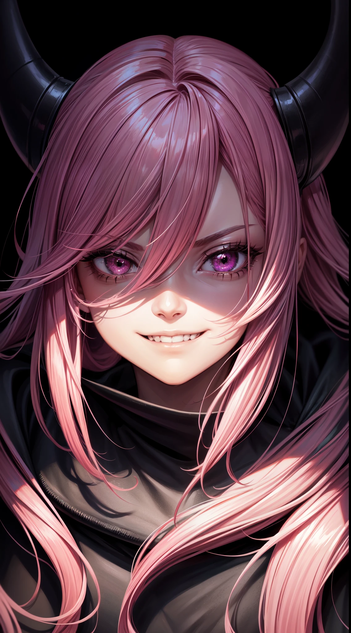 1girl, pink hair, long hair, hd quality, 4k, 8k,,eyes, face, , evil, dark, face closeup, face, evil smirk, fangs, black background, face close up. dominant, dark, sideways, sideview, hooded