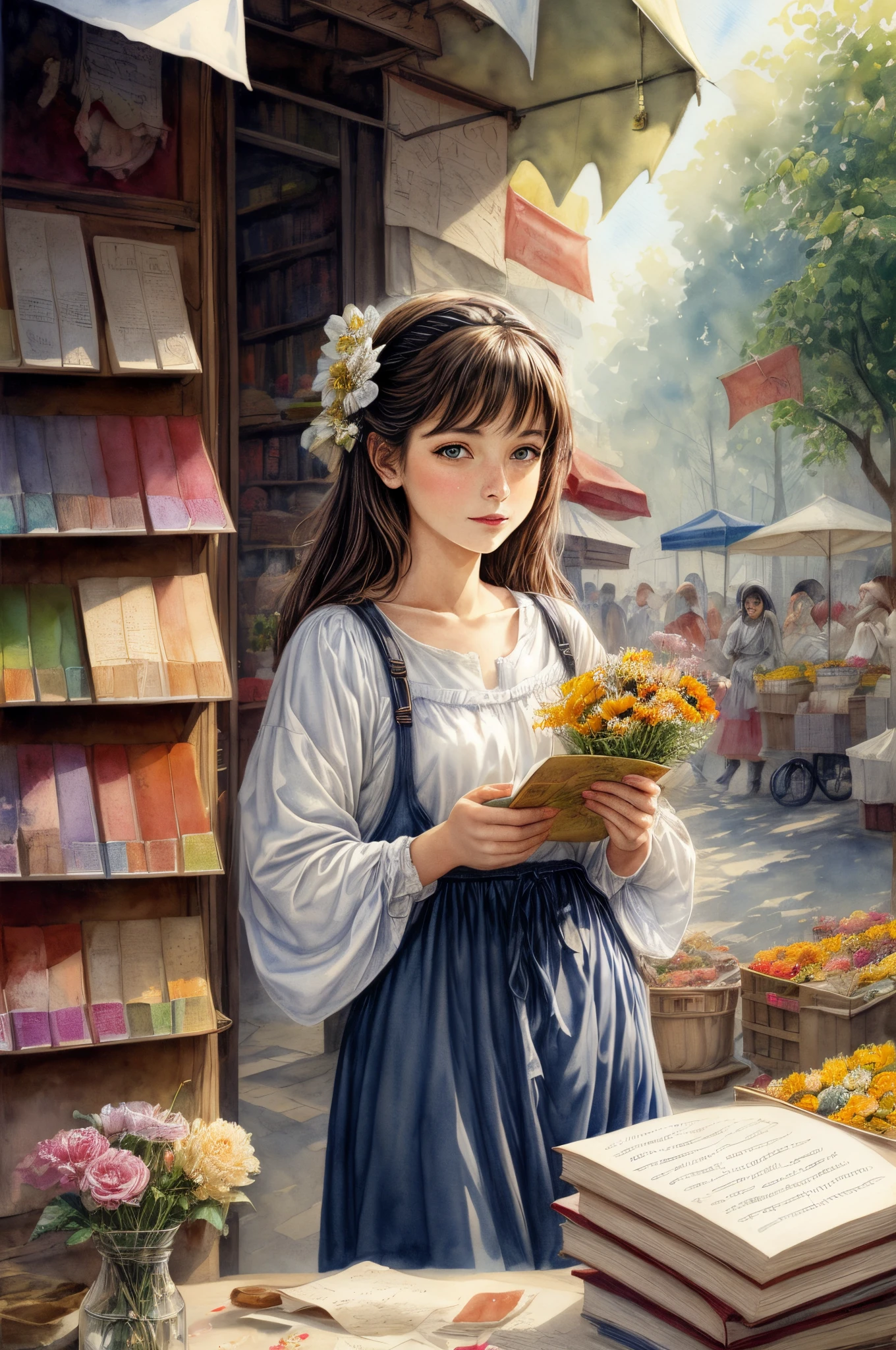watercolor painting, parchment, girl selling flowers, market, magic book pages style