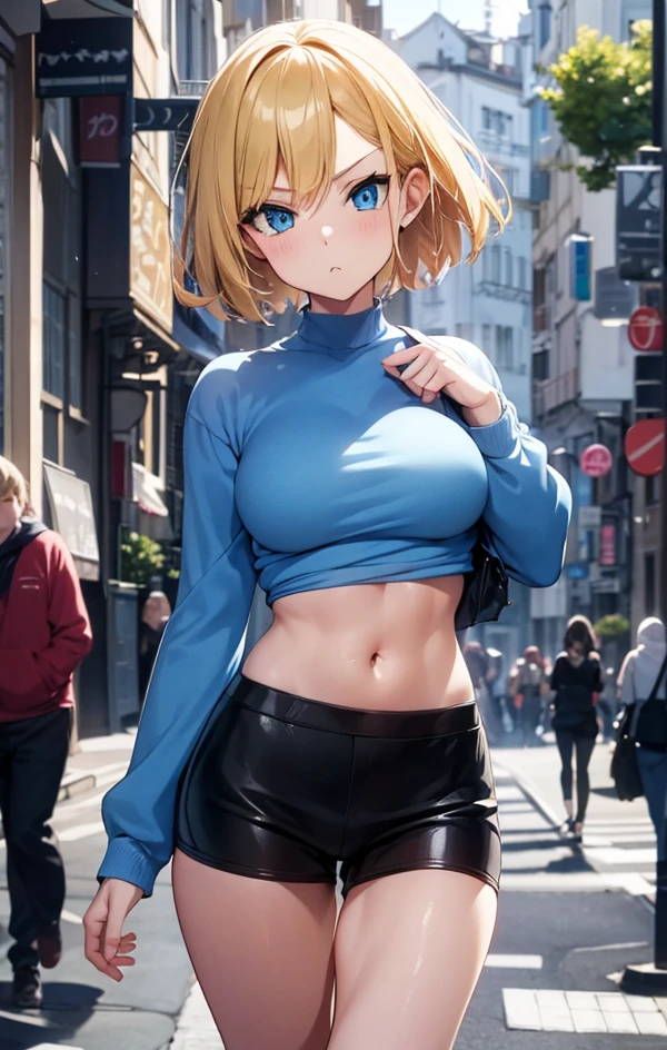 2D Anime Style、Blue eyes、Beautiful eyes, (Talented lo-fi:1.3)breasts are slightly larger、A cool adult woman with short blonde hair and an angry expression,Fashion that shows off your stomach,long court,(long-sleeve),Solo,walking in city,(A European-style townscape)