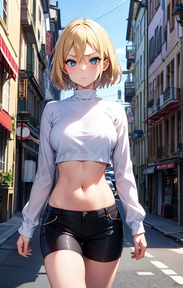 2D Anime Style、Blue eyes、Beautiful eyes, (Talented lo-fi:1.3)breasts are slightly larger、A cool adult woman with short blonde hair and an angry expression,Fashion that shows off your stomach,long court,(long-sleeve),Solo,walking in city,(A European-style townscape)