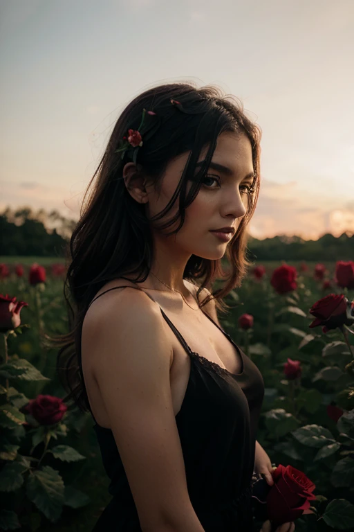 Black rose in the middle of a field of red roses, hyperrealistic, 50mm