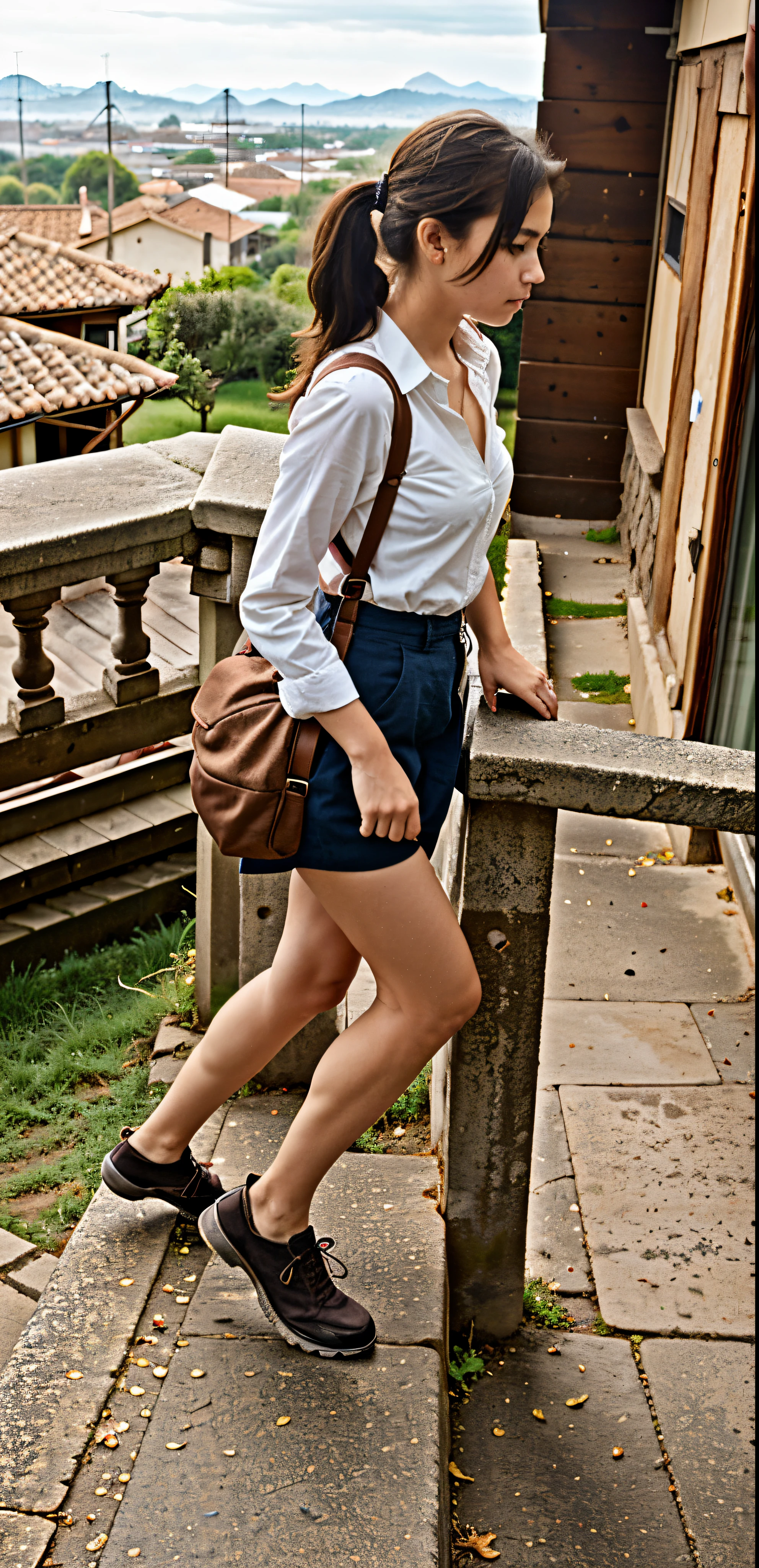 Carrying a rucksack,arms leaning on railing,Araff woman,(up view:1.3)