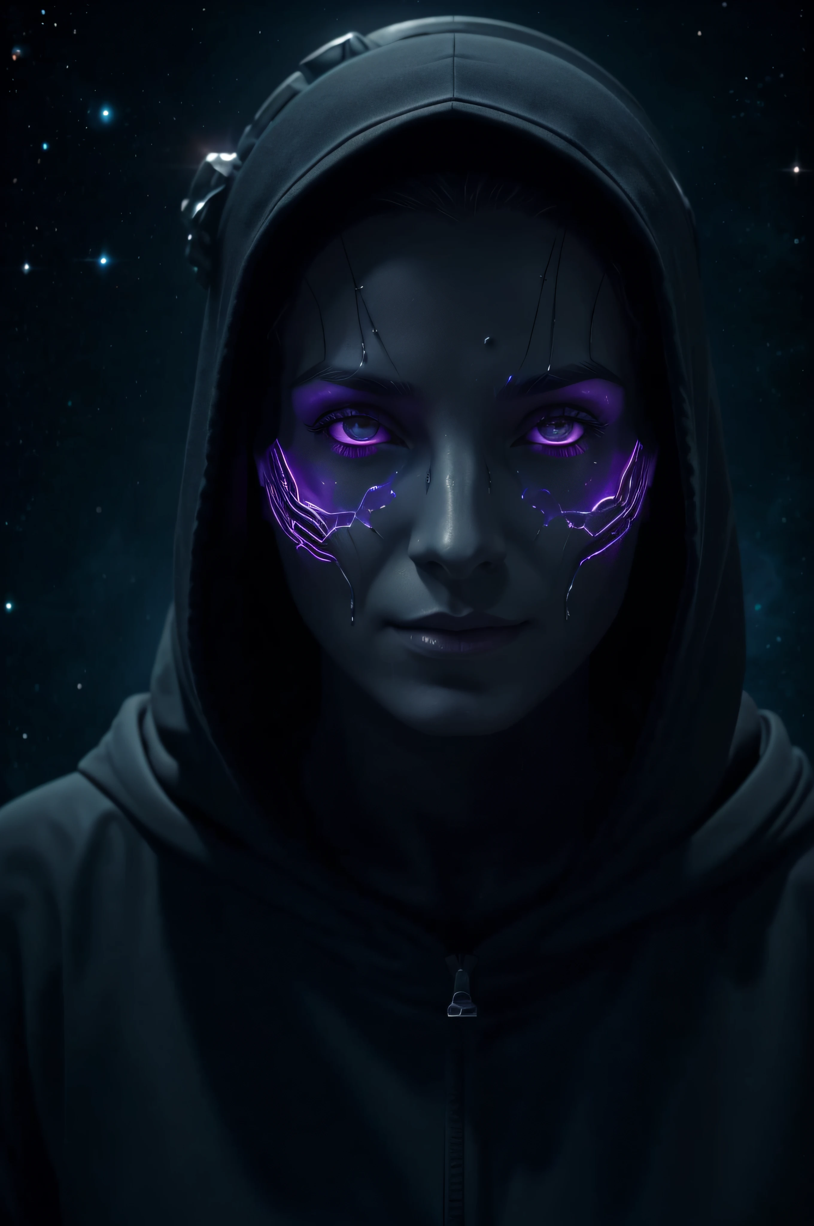 a close-up of a person in a hooded sweatshirt and a crown on their head, Space quantum death. deep-space, fantasy and cosmic horror movie, nebula with the shape of a skull, Arte digital altamente detalhada em 4k, Nascimento do Universo, epic scifi fantasy art, Elements of Cosmic Horror, amazing space creature 4 k, arte digital sci-fi, Fim do Universo