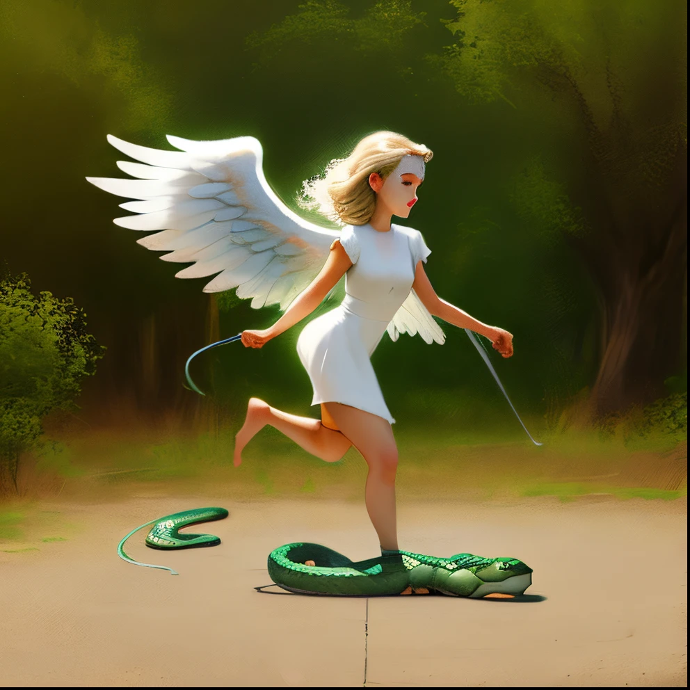 Angel stepping on snake