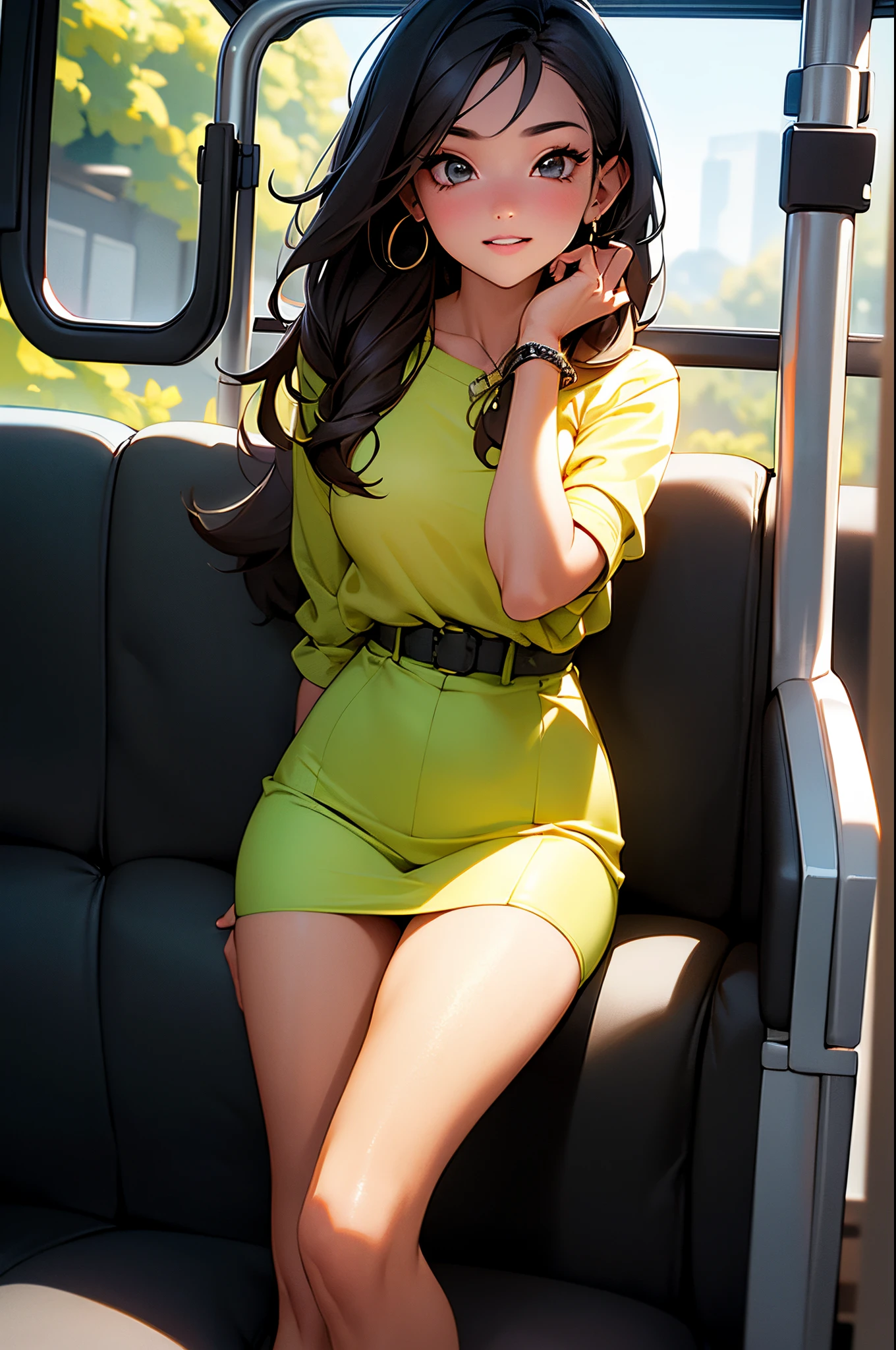 Maximo realismo,ultrarealista, ultradetallado, ultradefinido, maxima calidad de imagen,chica sentada con las piernas abiertas desimuladamente,sentada en un autobus