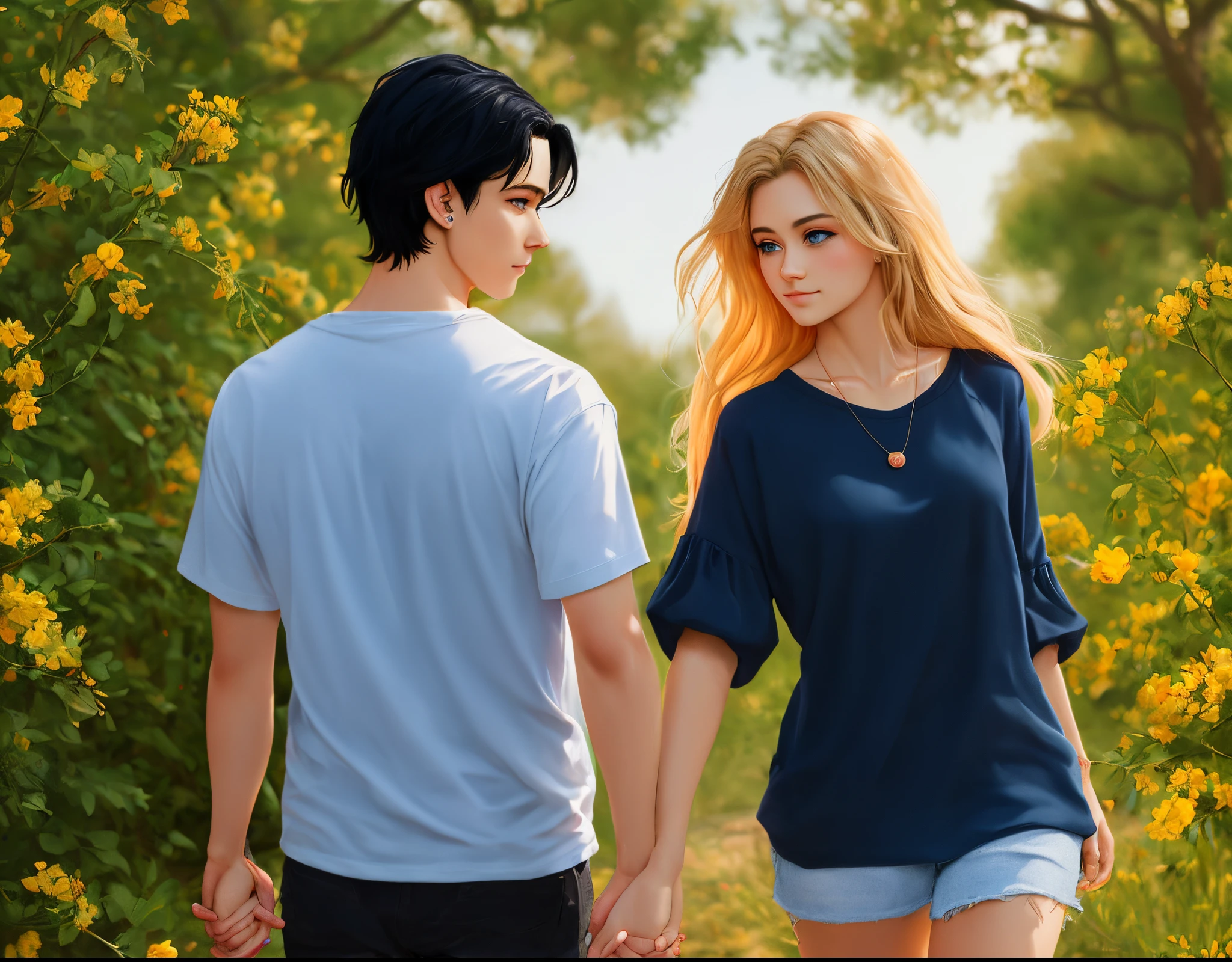 man with black hair and blue eyes and tan skin holding hands with girl that has blond long curly hair and tan skin and hazel eyes. Cartoon