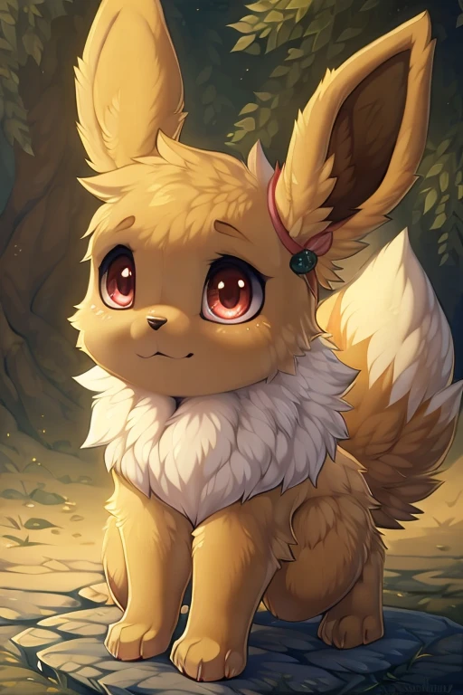 [by Hioshiru],furry,Female, Feral, Pokemon, Long fluffy hair, Eevee with light brown fur, Pink eyes, Shy, young, small, canine paws, paws for hands, short height, shortstack, crawling, heavy,orchid flower on ear, walkies, perk