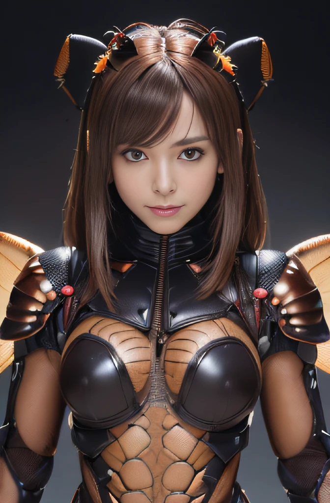 (high resolution,masterpiece,best quality,extremely detailed CG, anime, official art:1.4), realistic, photo, amazing fine details, all intricate, gloss and shiny,awesome many layers, 8k wall paper, 3d, sketch, kawaii, illustration,( solo:1.4), perfect female proportion,villainess, (fusion of dark brown cockroach and lady:1.4), (brown cockroach form lady:1.2), (brown cockroach lady:1.2), (fusion:1.2), (solo:1.4), (evil smile:1.2), muscular, abs, (cockroach brown exoskeleton bio insect suit:1.4), (cockroach brown exoskeleton bio insect armor:1.2), (brown transparency cockroach wing:1.4), (brown cockroach antennae:1.3),