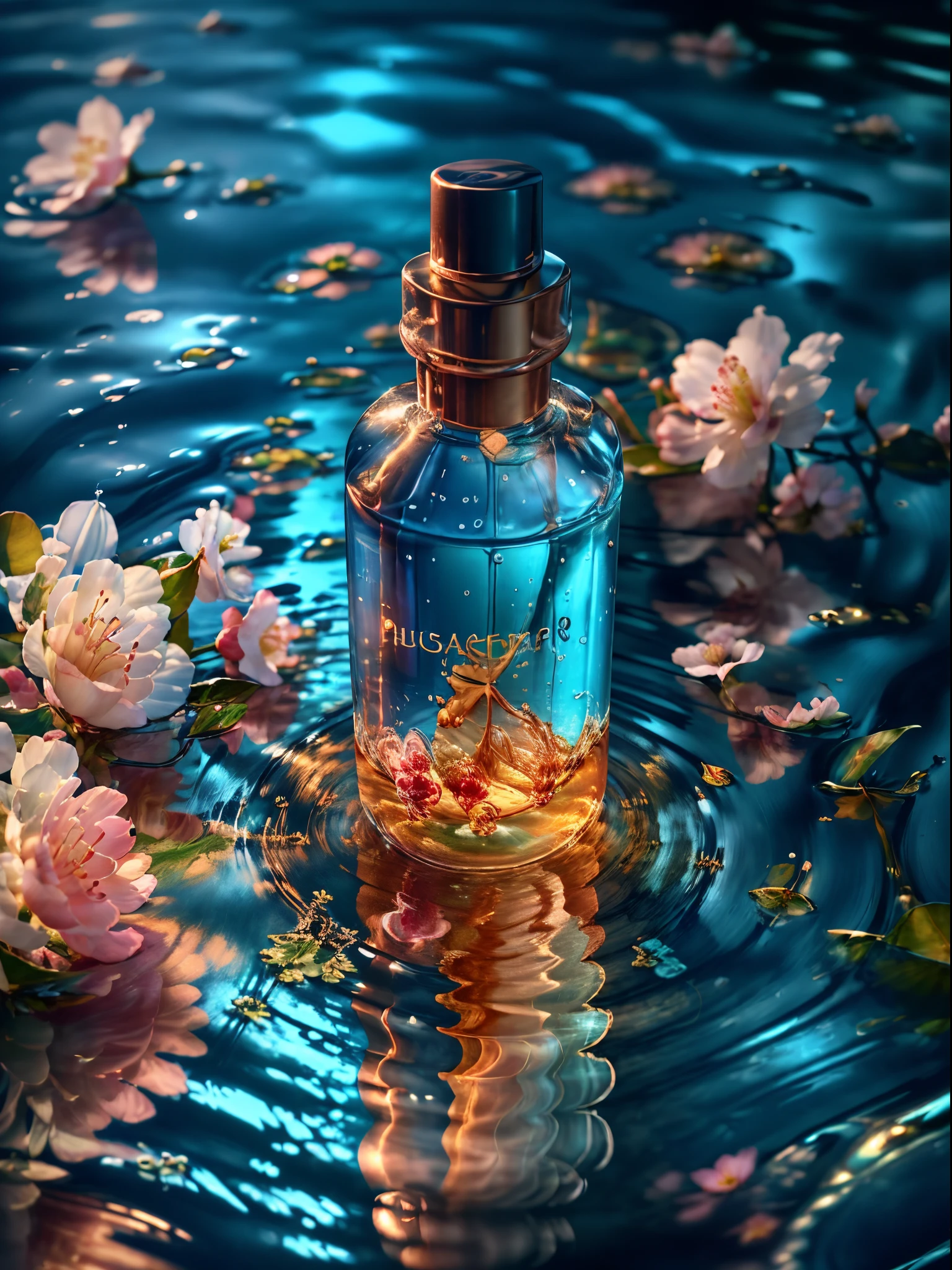 (best quality,4k,8k,highres,masterpiece:1.2),ultra-detailed,(realistic,photorealistic,photo-realistic:1.37),blender,HD 8K,super realistic scene,makeup bottle,cherry blossom wrapped around,blue sky background,water,sunlight,low perspective,product rendering