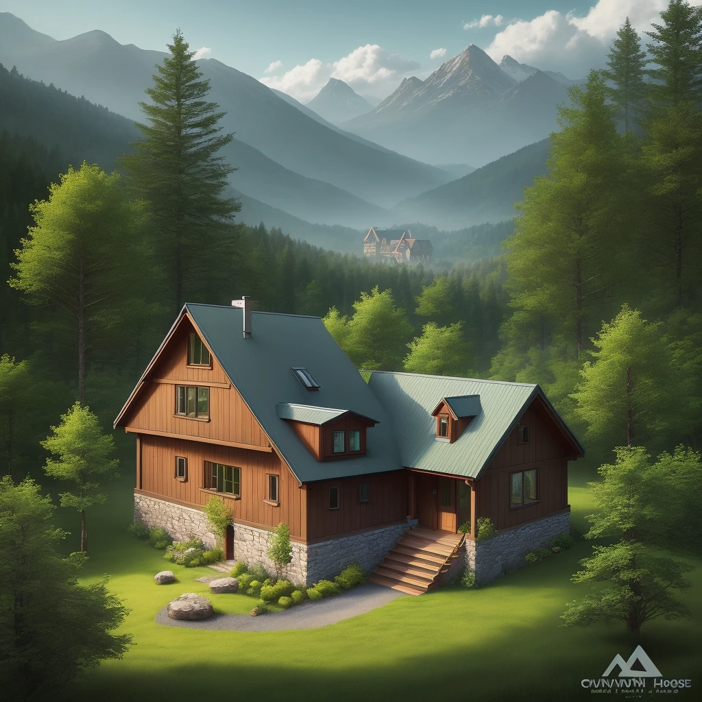 mountain house in the forest with chimney by logo art