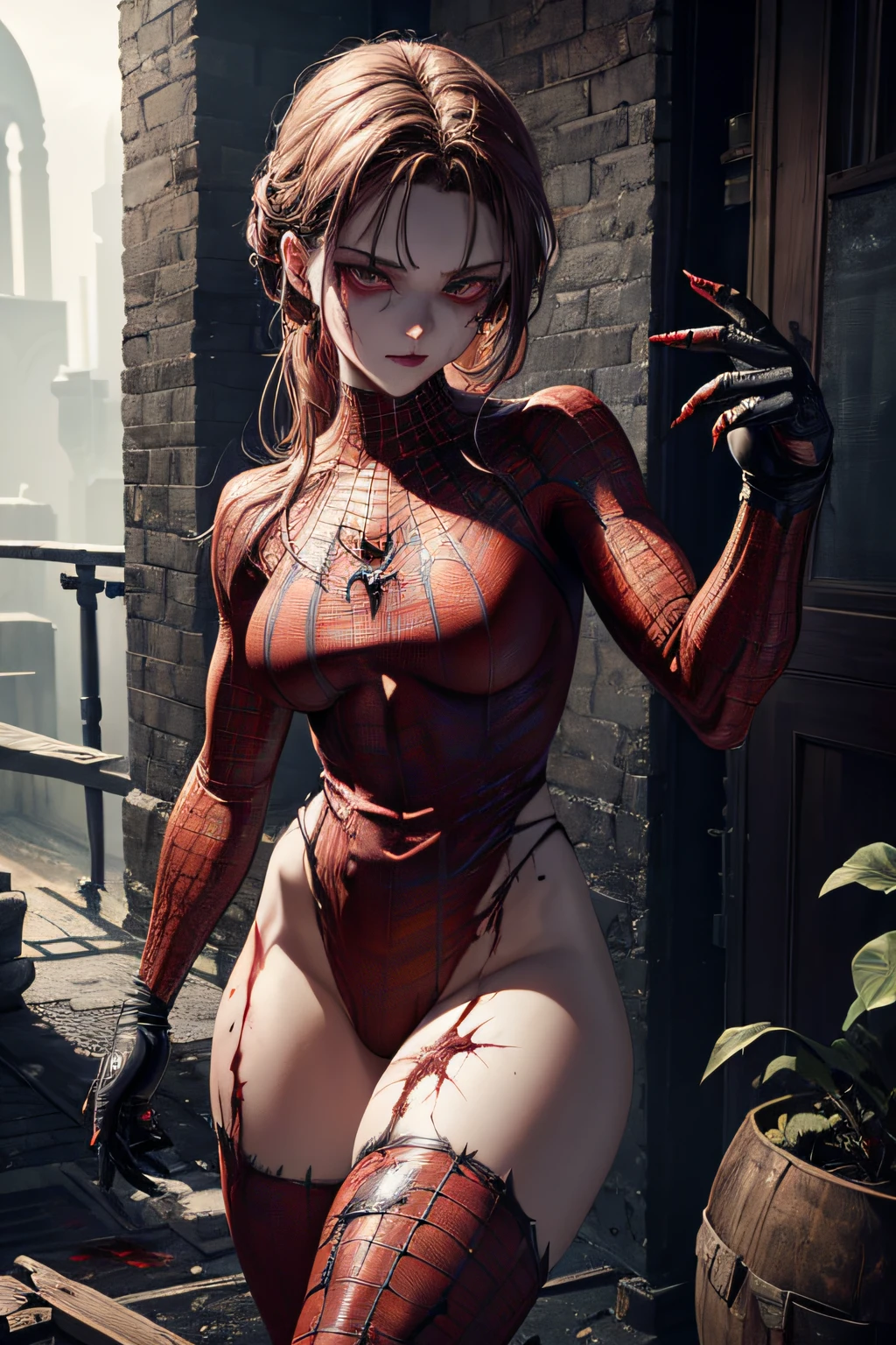 dead rotting bloodthirsty evil zombie girl, , comic accurate Spider Man costume, bloody, evil look, psychotic, torn ripped costume, combat stance, highly detailed, vibrant appearance, creative behavior, extremly detailed, imaginative, sensual, spontaneous, small breasts, sexi, revealing, highest quality, skin texture, intricate details, (cinematic lighting), RAW photo, 8k, masterpiece,best quality,ultra-detailed,very detailed illustrations,extremely detailed,intricate details,highres,super complex details,extremely detailed 8k cg wallpaper,