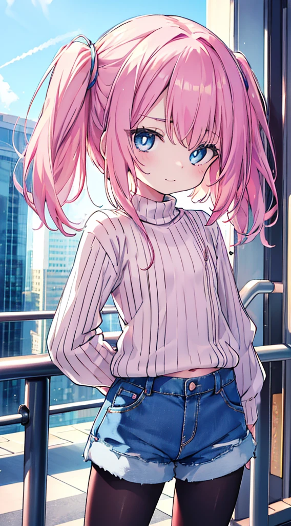 (8K、Top image quality、top-quality、​masterpiece)、1 ****、Pink hair、Two-side-up、light blue  eyes、evilsmile、Smaller chest、ribbed sweater、denim shorts、pantyhose、arms behind back、cowboy  shot、City background