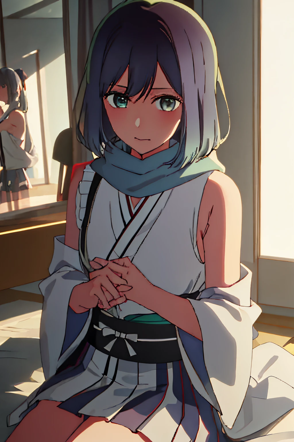 best quality, 1girl, solo, okita_souji, white kimono, scarf, cowboy shot, bare shoulders, off shoulders, sleeveless, looking at viewer,  indoor, in the room, sitting on bed, 1girl, t-shirt, pleated skirt, short sleeves, incoming hug, reaching towards viewer, facing viewer, room, seiza, sitting, vanishing point, out of frame, (smile:0.7)