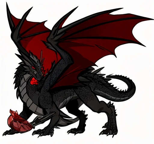 Please create a full-body illustration that faithfully retains the dragon's face in the image.,black western dragon,Sharp red eyes,large wings,quadrupedal walking,Sharp fangs,gray abdomen,meat with thorns,greyt hair,fullnude,giant dragon body,gray wing membrane