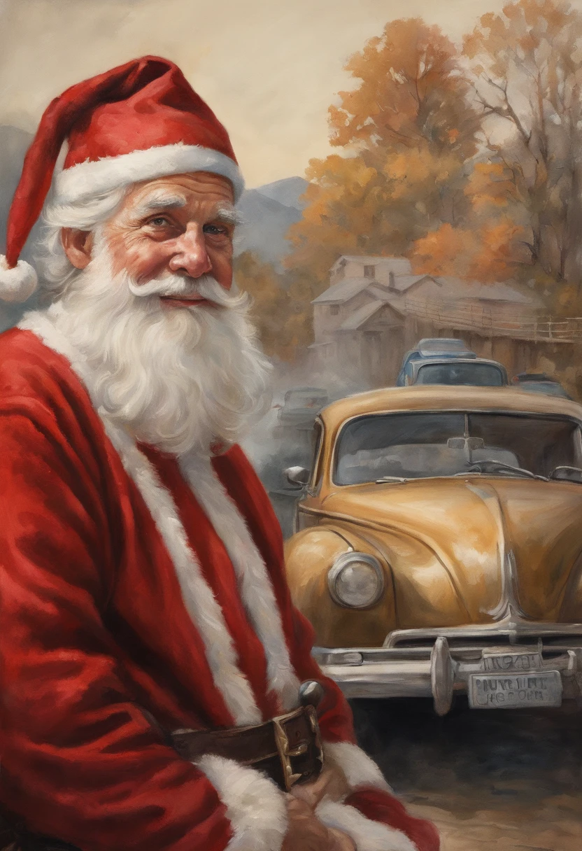 best quality, realistic, photorealistic, award-winning illustration, (intricate details: 1.2), (delicate detail), (intricate details), vintage santa Claus with white hair sitting down looking at camera next a car, a photorealistic painting by Mac Conner, pexels, realism, character, the man is wearing a old red clothes and overalls, The background is a painting of Christmas aesthetic, creating a contrast between the realistic and the artistic elements of the image,8k