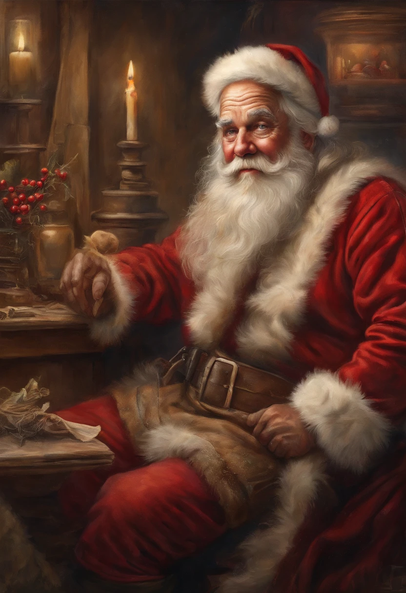 best quality, realistic, photorealistic, award-winning illustration, (intricate details: 1.2), (delicate detail), (intricate details), vintage santa Claus with white hair sitting down looking at camera, a photorealistic painting by Mac Conner, pexels, realism, character, the man is wearing a old red clothes and overalls, The background is a painting of Christmas aesthetic , creating a contrast between the realistic and the artistic elements of the image,8k