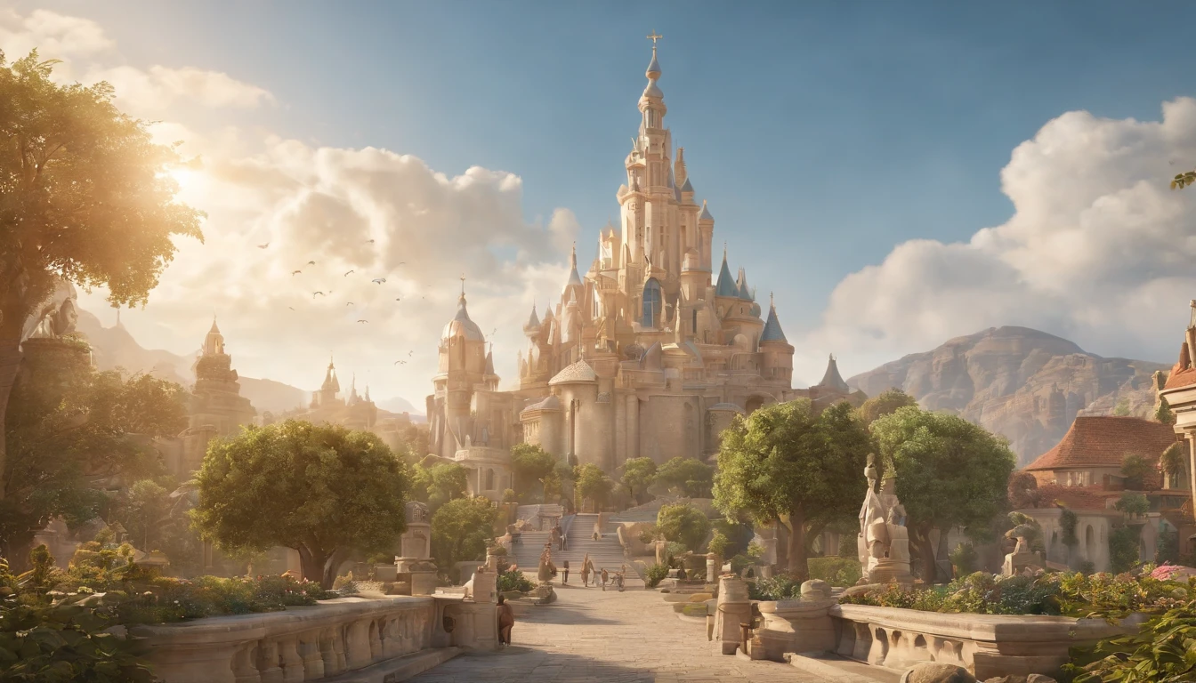 a pixa Disney cartoon of biblical time city in heaven very beautiful with big tall houses, bible times, a very beautiful place in heaven, beautiful tress, animals, lions, tigers playing animated film, 3 d animated movie, animated still, animated movie, (8k) (Cinematic lighting) , photo, 3d render, cinematic