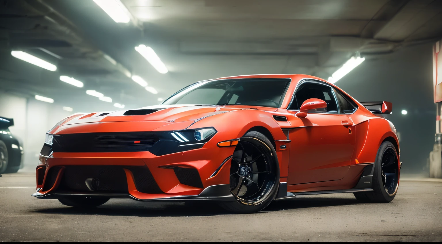 ((​masterpiece、top-quality、realisitic、ultra-detailliert、hight resolution、Photorealsitic、foco nítido、photographrealistic、Raw photography、lighting like a movie))、car park、((Futuristic Cyberpunk Hot Rod))、(With glowing tires)、3/4Front view、Cool car