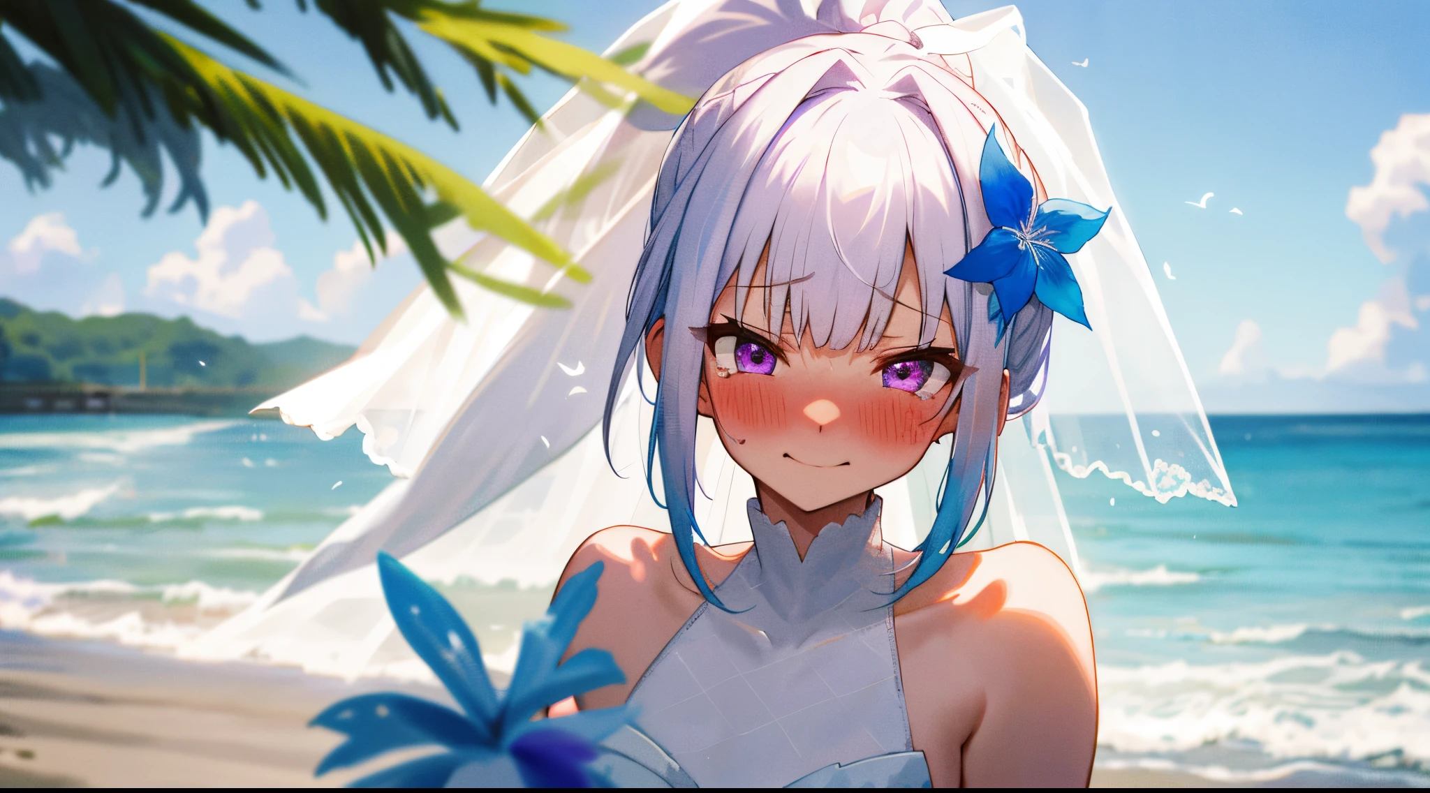 One girl with ponytail hair, bangs, white hair, blue inner hair, purple eyes, looking at viewer, blushing, embarrassed, little smile, tears, wedding venue, beach, flower, wedding dress, bridal veil, upper body, day atmosphere, hair ornament