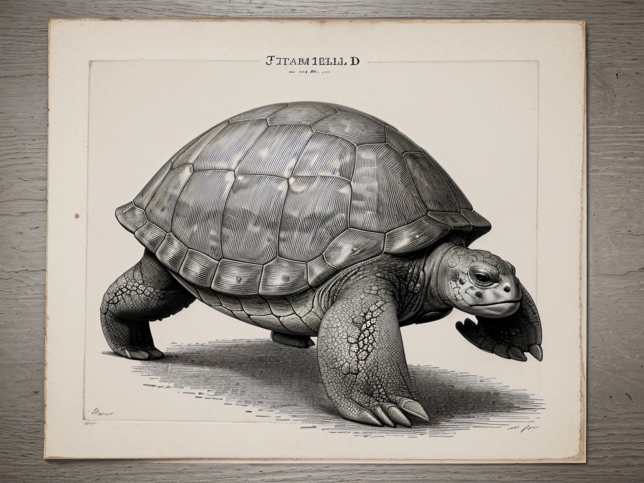 antique engraving of a prehistoric turtle, Old, 10th century era, Calm tones, lithography, gray paper, crumpled paper, done in ink