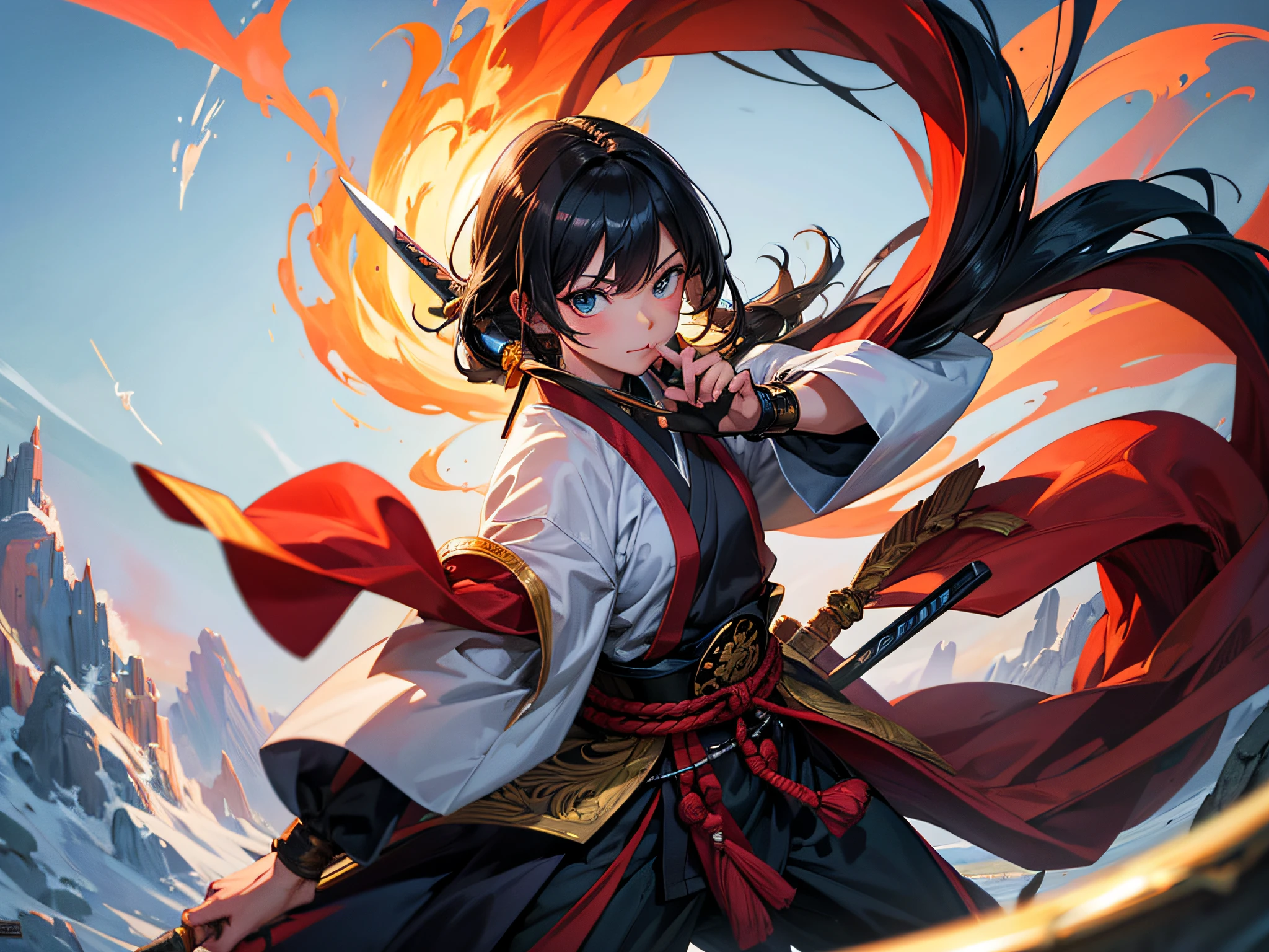 A young female swordsman in ancient China，3D shaped face，Fierce eyes，Fair and delicate skin，Exquisite facial features，Put on lightning。Chinese big knife，Glow，Glow，fire glow，impact，blasts，red colour，Orange colors，Long shots，full bodyesbian，Swoop punch，motionblur，Fine depiction，realistic detail，Complex scenes。hyper realisitc，unreal-engine，3Drenderingof，oc rendered，C4 Du HD，8K -- with 1:1 --s 180 --niji 5