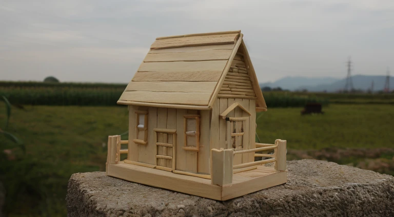 there is a small wooden house on a rock in a field, wooden house, wood, wooden cottage, wooden houses, wooden, wooden buildings, small houses, wooden structures, miniature model, wooden banks, small buildings, detailed wide shot, a wide full shot, medium close-up shot, high detailed photo, village, scenic full shot, miniature, high - detail