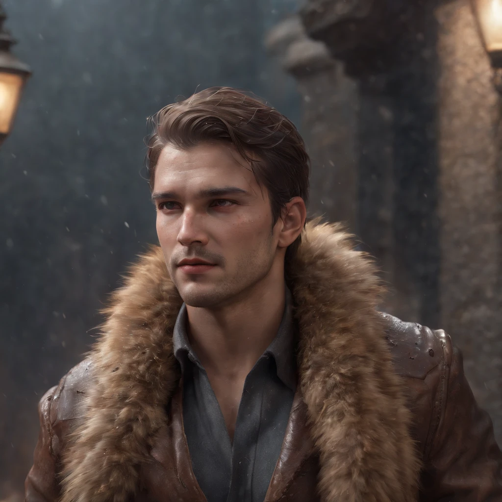 (Professional 3D rendering:1.3) of (Realism:1.3) The most beautiful art in the world，There are soft and bright male heroes., ((Epic fantasy hero, rough muscles, wet man, angry hero, long hair, short beard and fierce expression in a dynamic pose, Great place., A majestic chaotic environment)), Full Unity 10 rendering, Action Shooter, skin pores, The light is very dark., heavy shading, detailed, detailed face, (shake, hyper realistic photography, Realism, breathtaking, dark, crisp focus, 10), (Old leather clothes damaged by weathering.:1.4), ((((wear fur)))), (intricate:1.4), deteriorate, (highly-detailed:1.4), Digital Painting, Performed by Octane, art station, Concept-Art, smooth, crisp focus, illustration, germ art, (loish:0.23), Wlop Ilya Kuvshinov, And Greg Rutkowski and Alphonse, thank you so much., (Global ilumination, Studio Lights, Light volume), heavy rain, Particles float, badass, fantasy, one time, full entire body, ((Dark and ancient background of the city:1.3)),CGSesociety,art station, Full body, bulging crotch