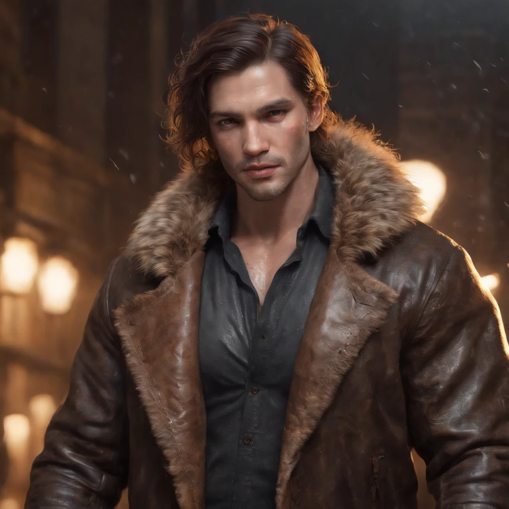 (Professional 3D rendering:1.3) of (Realism:1.3) The most beautiful art in the world,There are soft and bright male heroes., ((Epic fantasy hero, rough muscles, wet man, angry hero, long hair, short beard and fierce expression in a dynamic pose, Great place., A majestic chaotic environment)), Full Unity 10 rendering, Action Shooter, skin pores, The light is very dark., heavy shading, detailed, detailed face, (shake, hyper realistic photography, Realism, breathtaking, dark, crisp focus, 10), (Old leather clothes damaged by weathering.:1.4), ((((wear fur)))), (intricate:1.4), deteriorate, (highly-detailed:1.4), Digital Painting, Performed by Octane, art station, Concept-Art, smooth, crisp focus, illustration, germ art, (loish:0.23), Wlop Ilya Kuvshinov, And Greg Rutkowski and Alphonse, thank you so much., (Global ilumination, Studio Lights, Light volume), heavy rain, Particles float, badass, fantasy, one time, full entire body, ((Dark and ancient background of the city:1.3)),CGSesociety,art station, Full body, bulging crotch