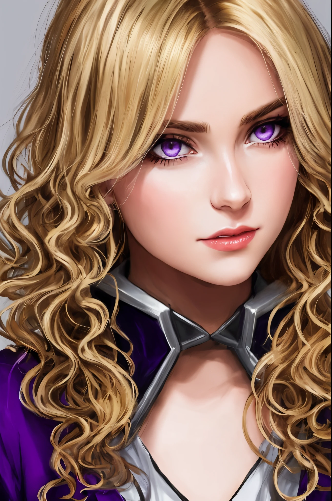 sci fi evil girl with messy curly dirty blonde hair and purple eyes