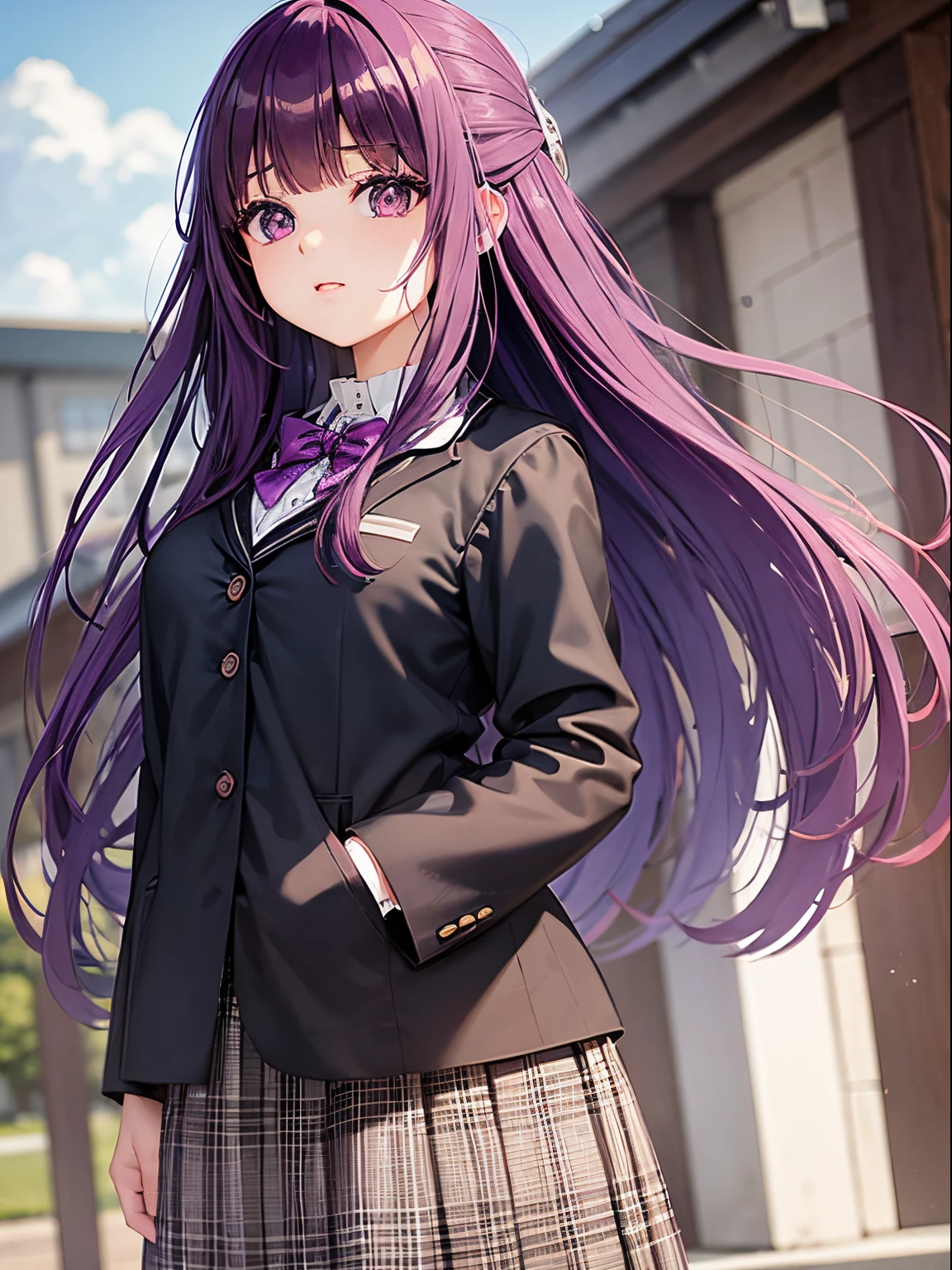 ((tmasterpiece，Best Quality)), Funeral Freelen, distant, 1girll, purple color  hair, 独奏, Ultra-detailed eyes, Longhaire, side locks, a purple eye, hair adornments, School Uniforms, with blue sky and white clouds, High school students