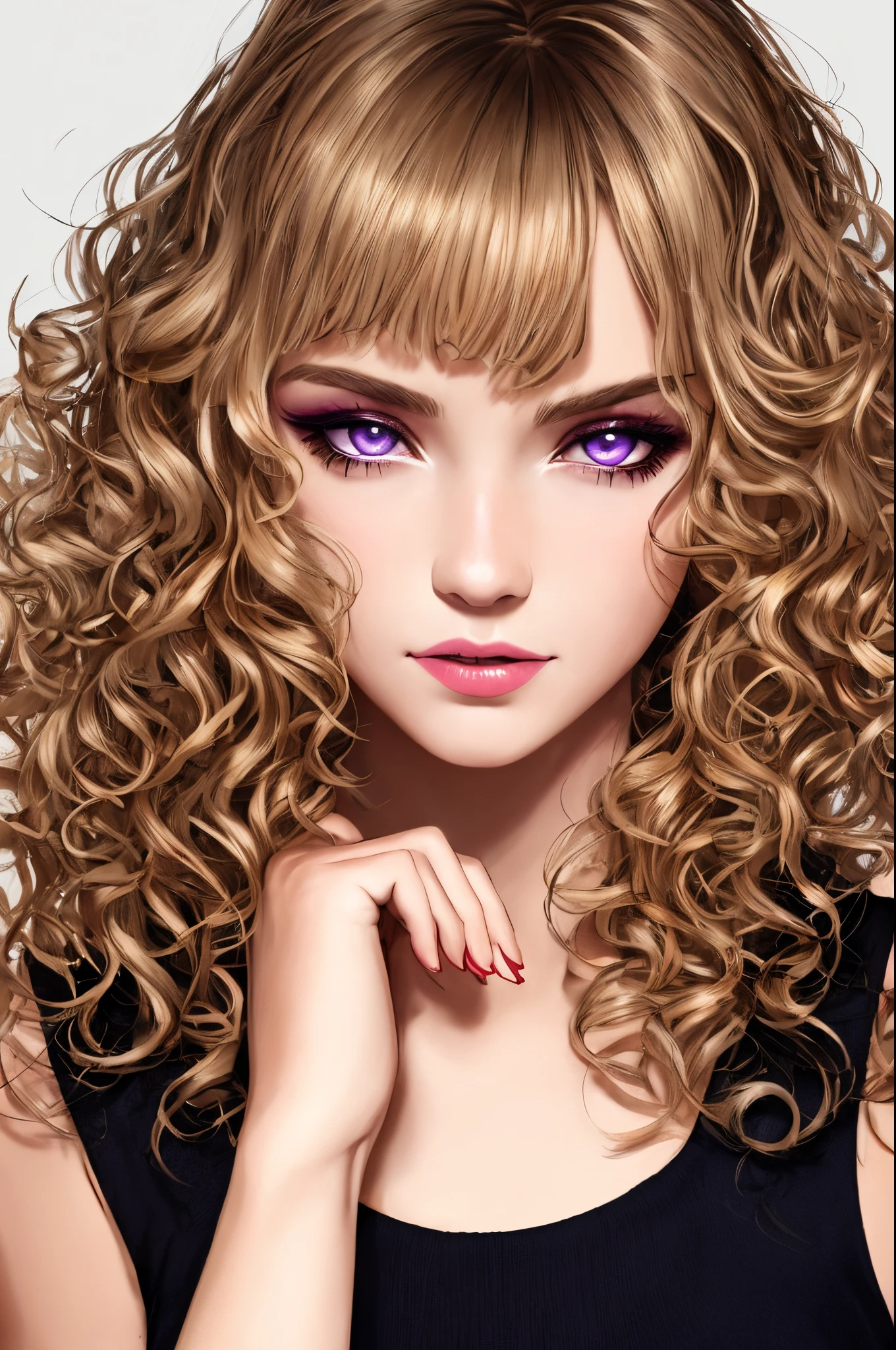 sci fi evil girl with messy curly dirty blonde hair and purple eyes