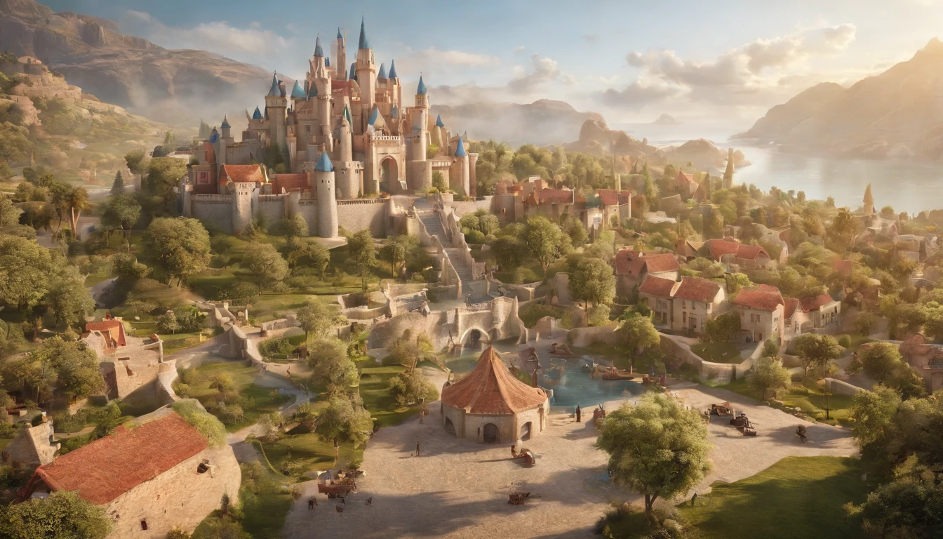 a pixa Disney cartoon of biblical time city in heaven very beautiful with big tall houses, bible times, a very beautiful place in heaven, birds flying in the sky, beautiful tress, animals, lions, tigers playing animated film, 3 d animated movie, animated still, animated movie, (8k) (Cinematic lighting) , photo, 3d render, cinematic