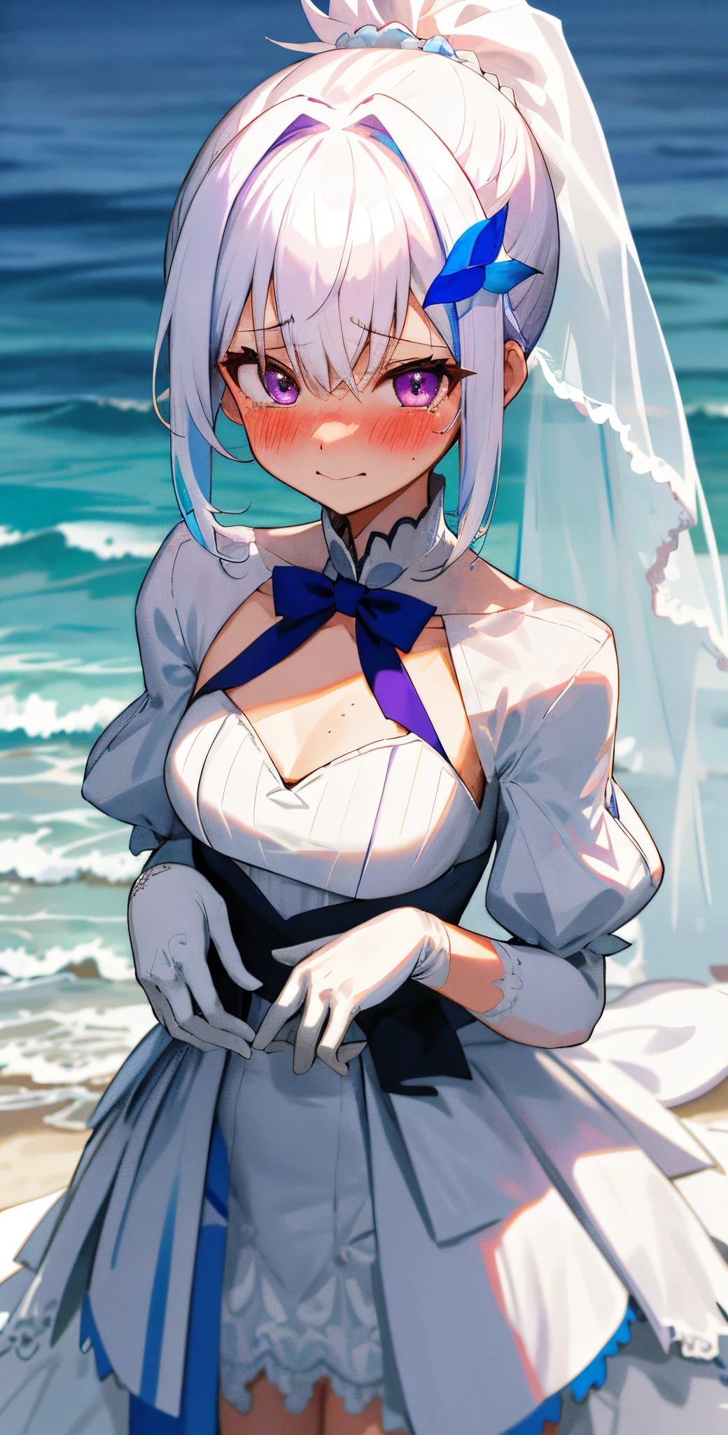 One girl with ponytail hair, bangs, white hair, blue inner hair, purple eyes, looking at viewer, blushing, embarrassed, little smile, tears, wedding venue, beach, flower, wedding dress, bridal veil, lace gloves, dizzy, mid-chest, perfect waist, spread legs, day atmosphere, hair ornament, standing