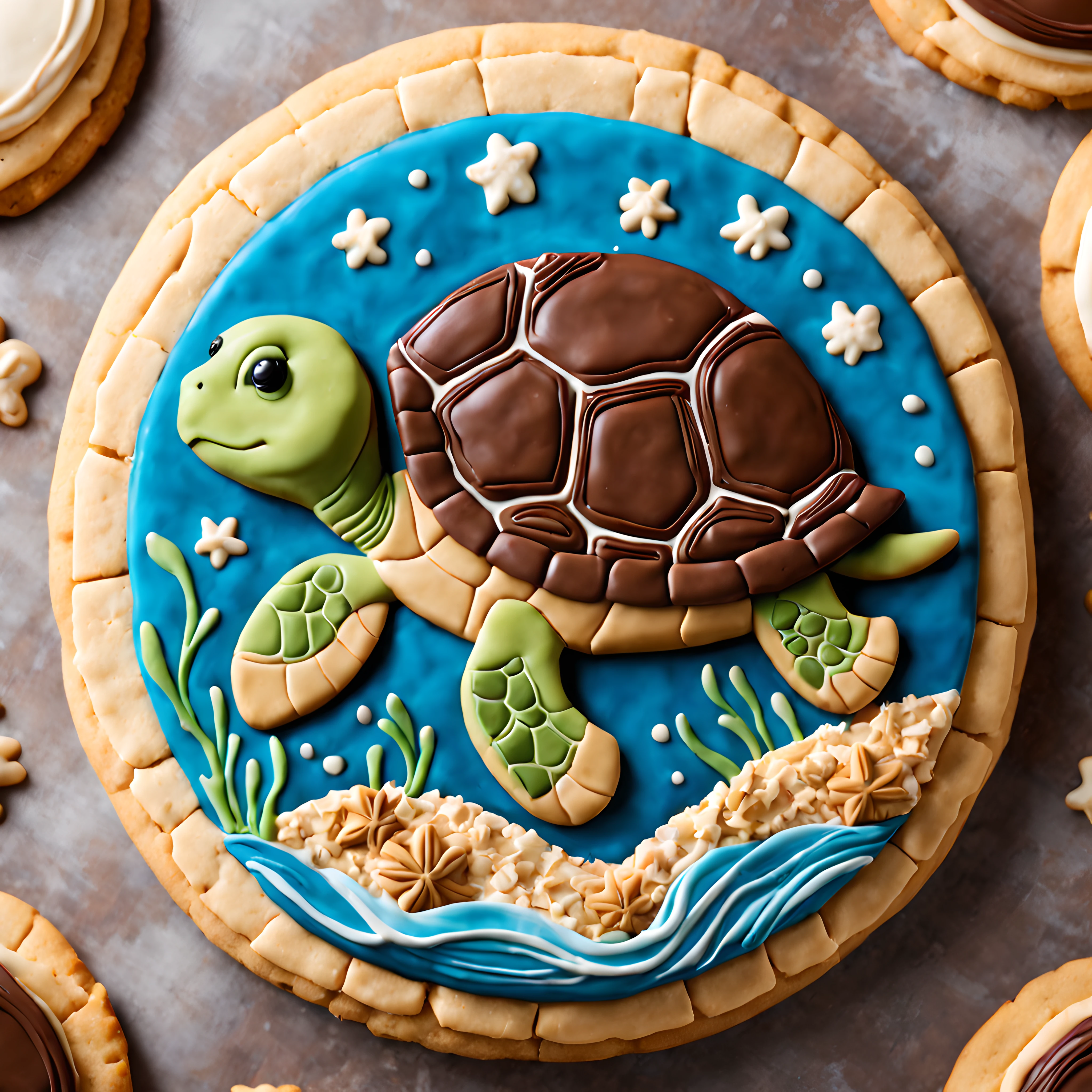 (shot from above:1.3) (close up:1.3), scrumptious cookie with a whimsical turtle design, let your imagination run wild as you transform the cookie canvas into a delightful edible artwork, charming turtle swimming in a chocolate sea