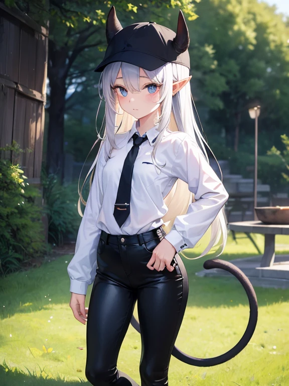 A woman named Lucy has the characteristic of a tail like a devil's tail in general. Has a fairly large dark red horn on his forehead. The hair color has become completely white, and also the ears have changed to become slightly pointed like elves in comic stories. Her body posture also looks 1.5 times bigger than her initial body and Lucy is wearing clothes in the form of a small white shirt which can only cover that part, a long black jacket which is worn as an additional cover and doesn't cover the front, basically the jacket is open, wearing clothes in the form of small dark blue leather jeans and wearing long black socks and black trousers. The eye color has changed to dark red and the eye warts are white. They are shaped like cat eyes, and he is still wearing a unique hat.